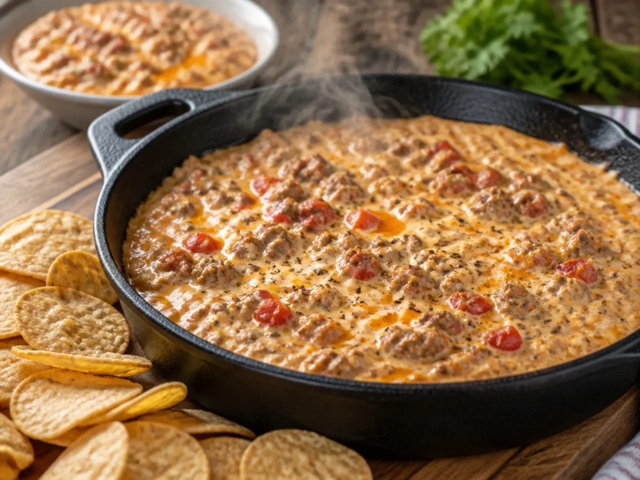 Large party-size bowl of sausage rotel cream cheese dip surrounded by tortilla chips