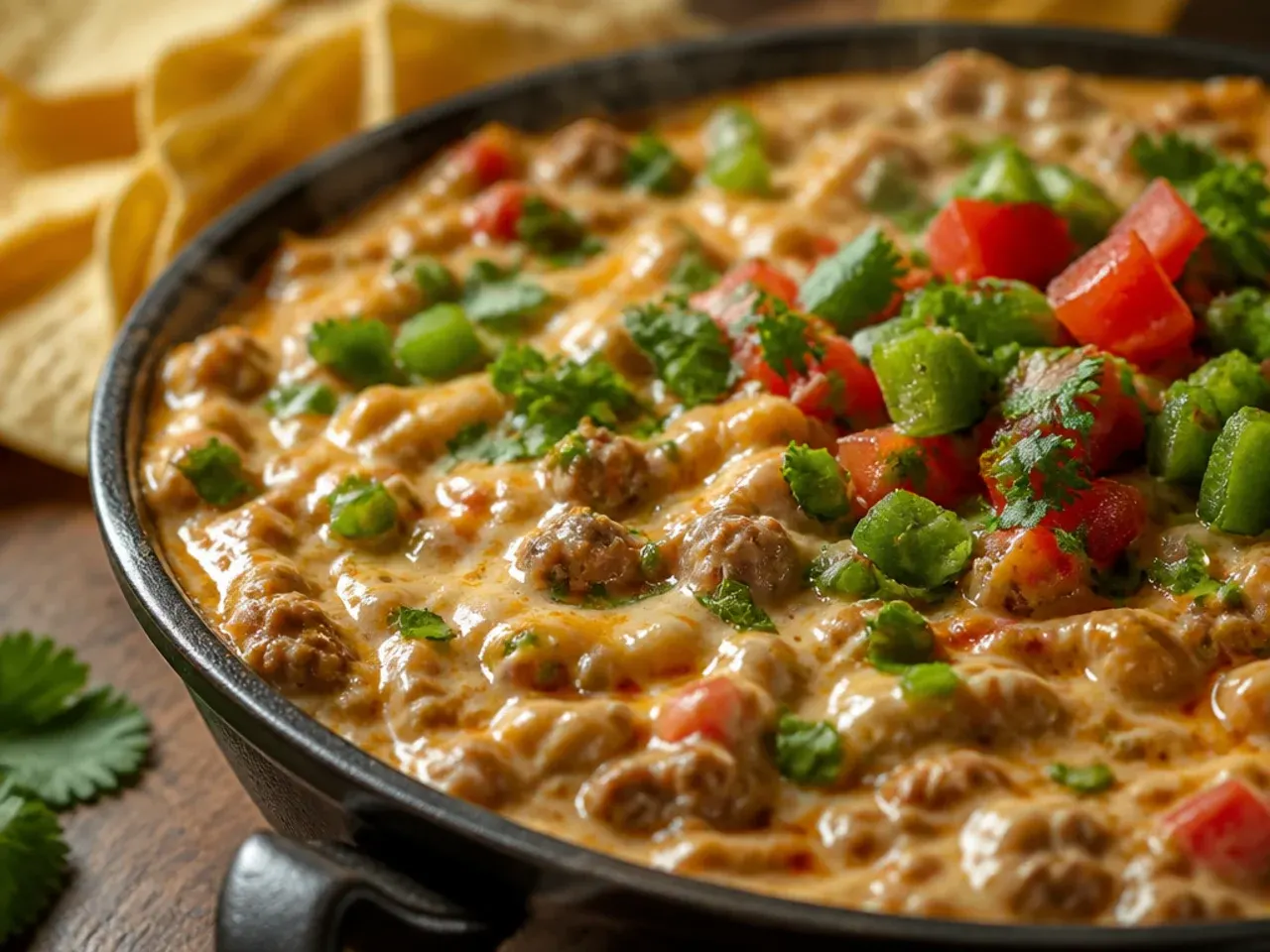 Container of make-ahead sausage rotel dip mixture ready to reheat