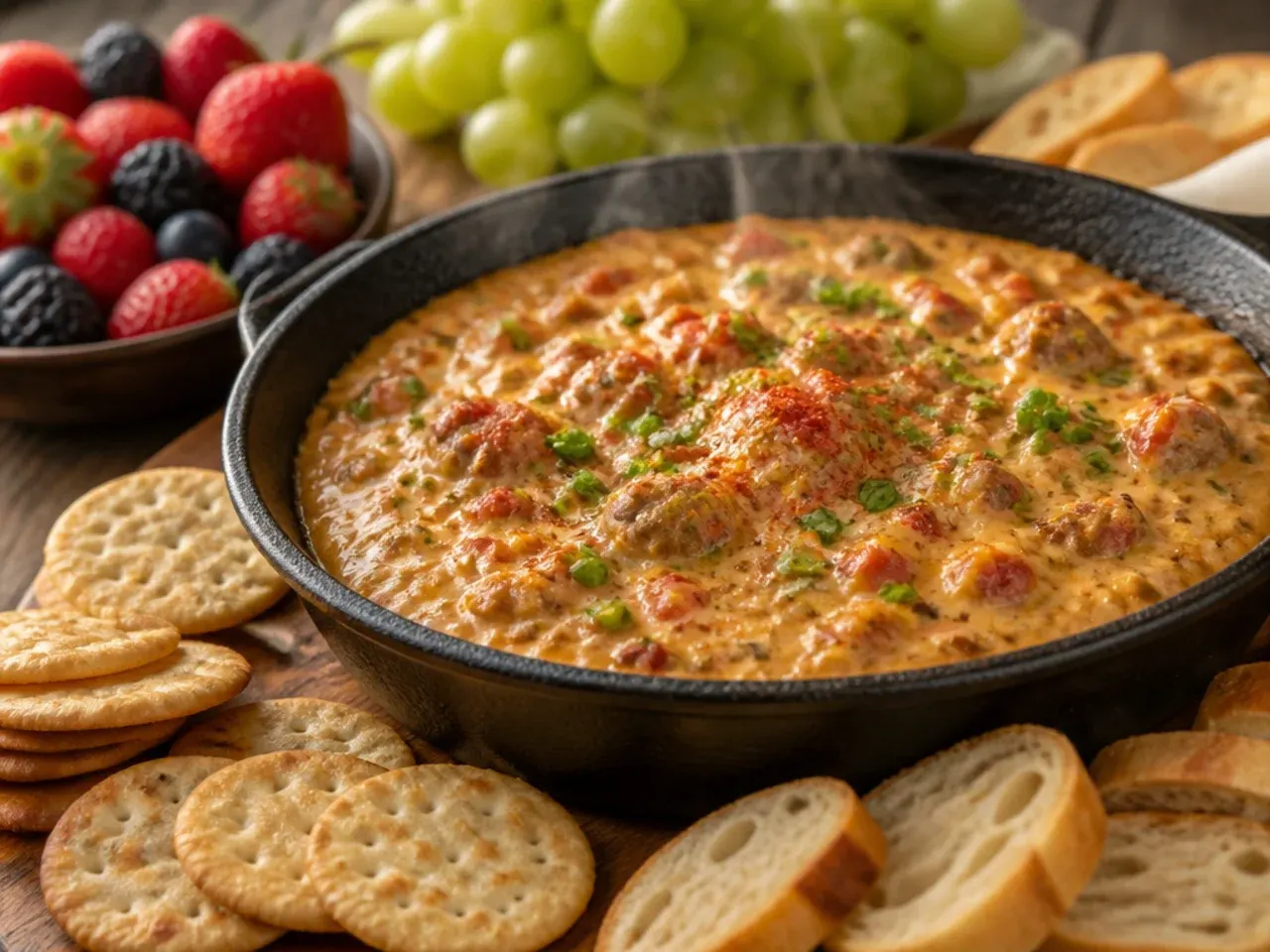 Mild family-friendly sausage rotel dip served with breadsticks and chips