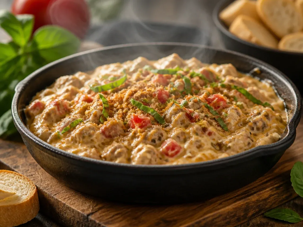 Festive sausage rotel dip garnished with red pepper and spring onion for the holidays