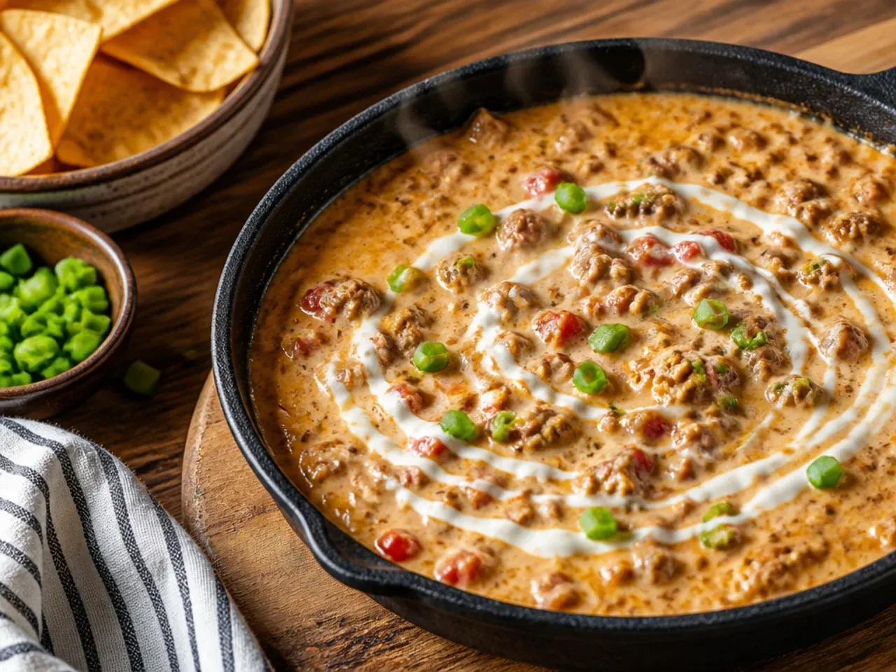 Bowl of sausage rotel dip being stirred after microwaving