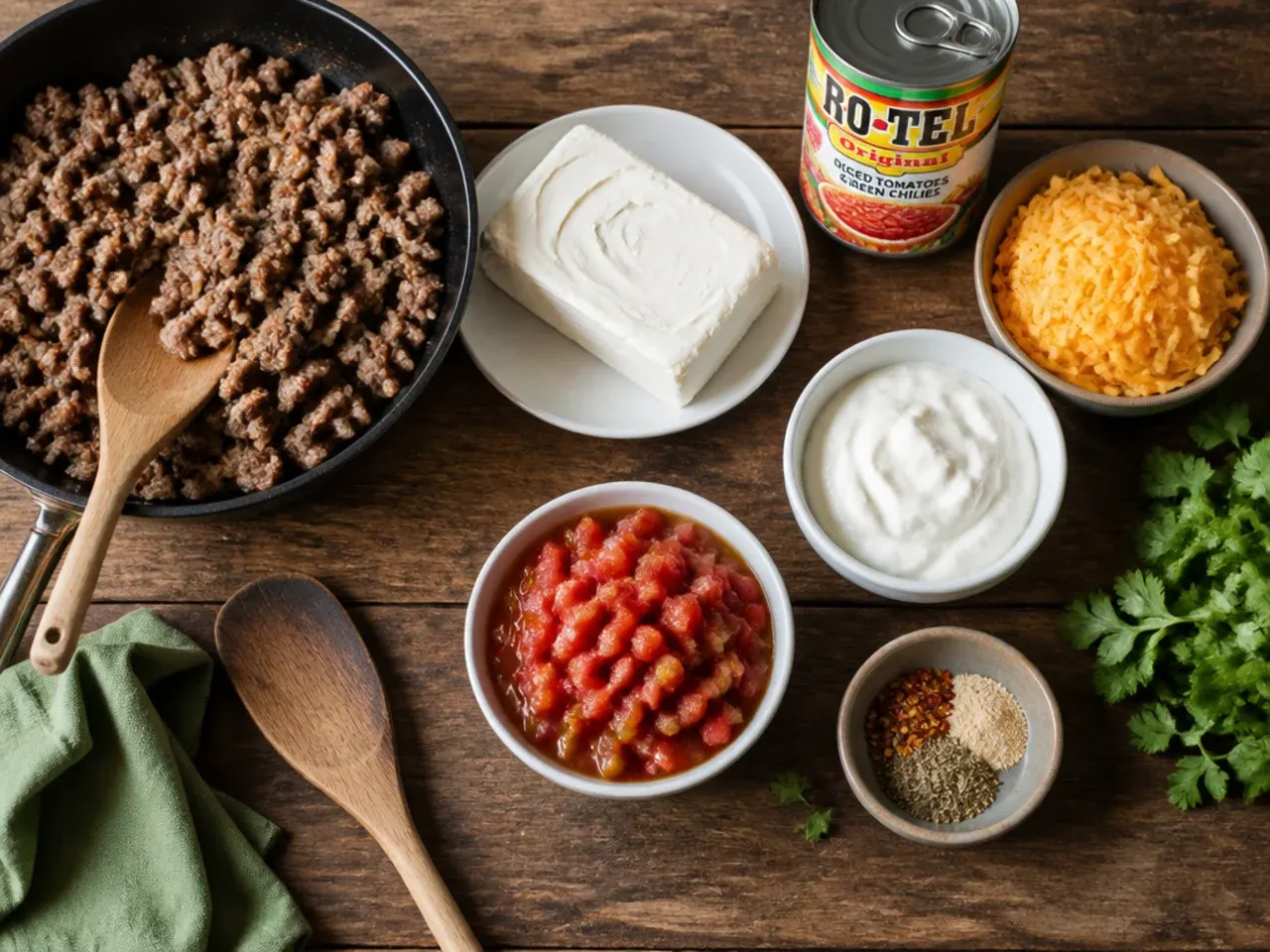 Hands cubing cream cheese on a chopping board before adding to sausage dip