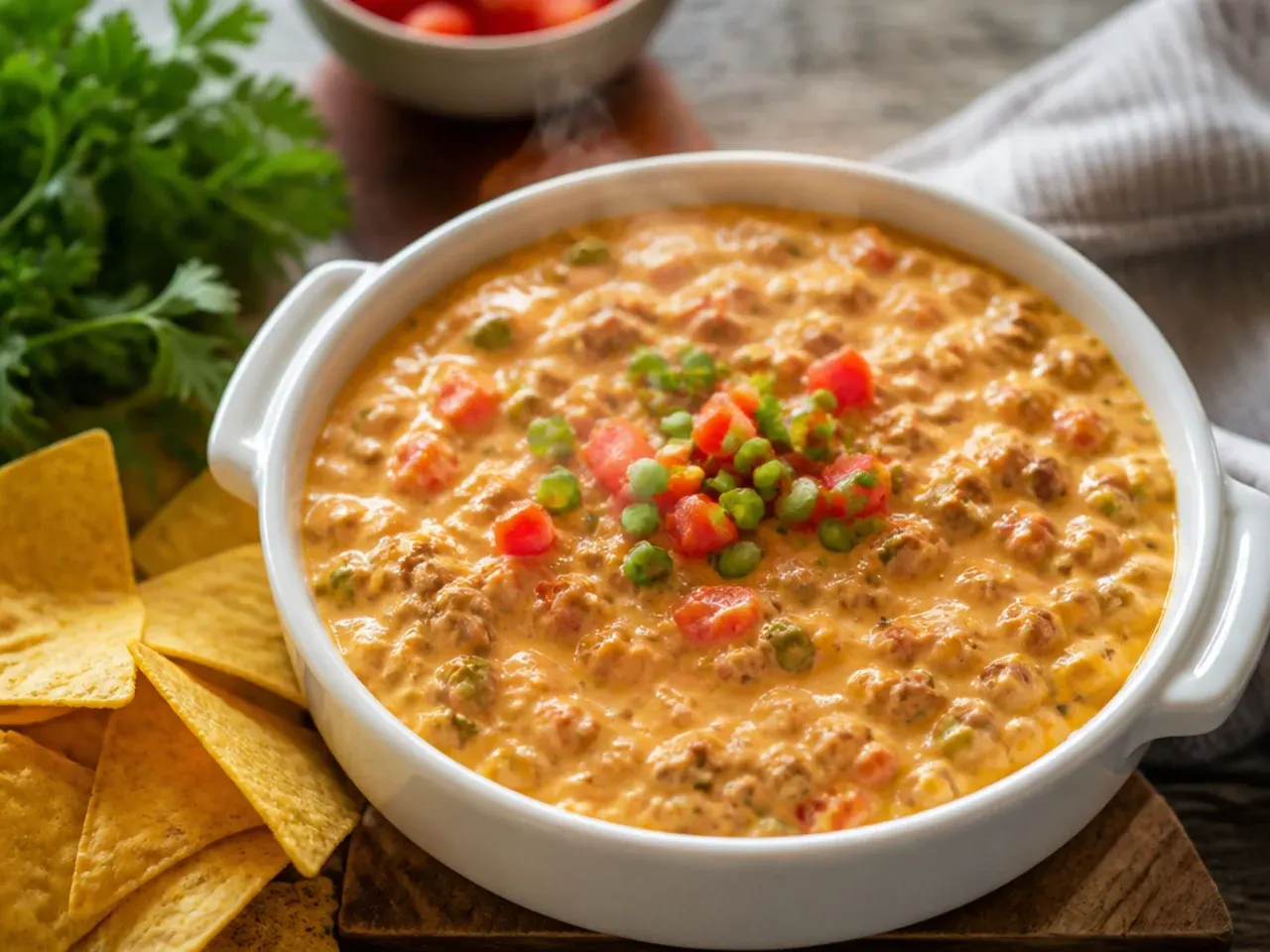 Sausage rotel cream cheese dip served with tortilla chips, crackers and vegetable sticks