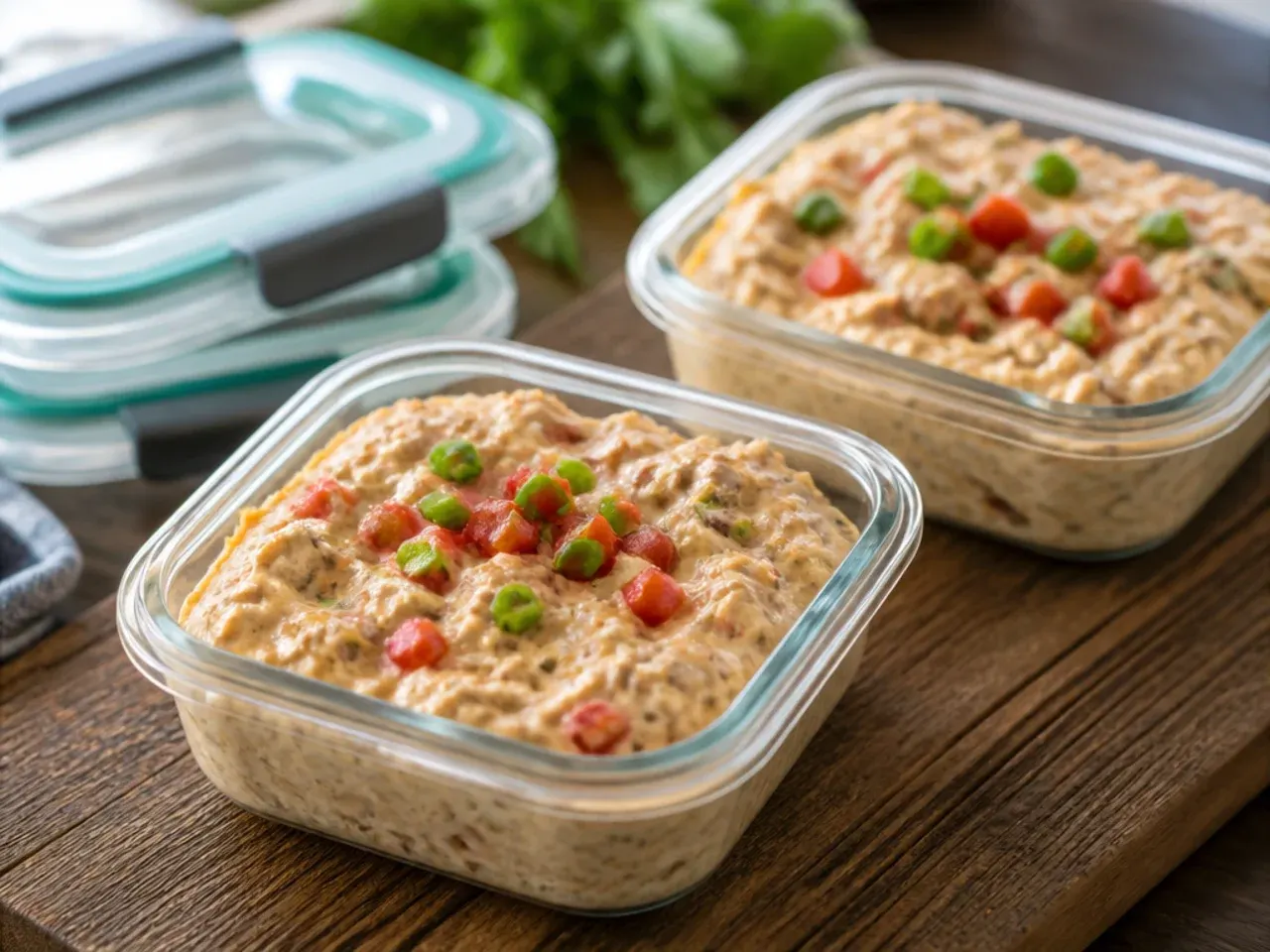 Airtight container of leftover sausage rotel cream cheese dip being reheated in a pan