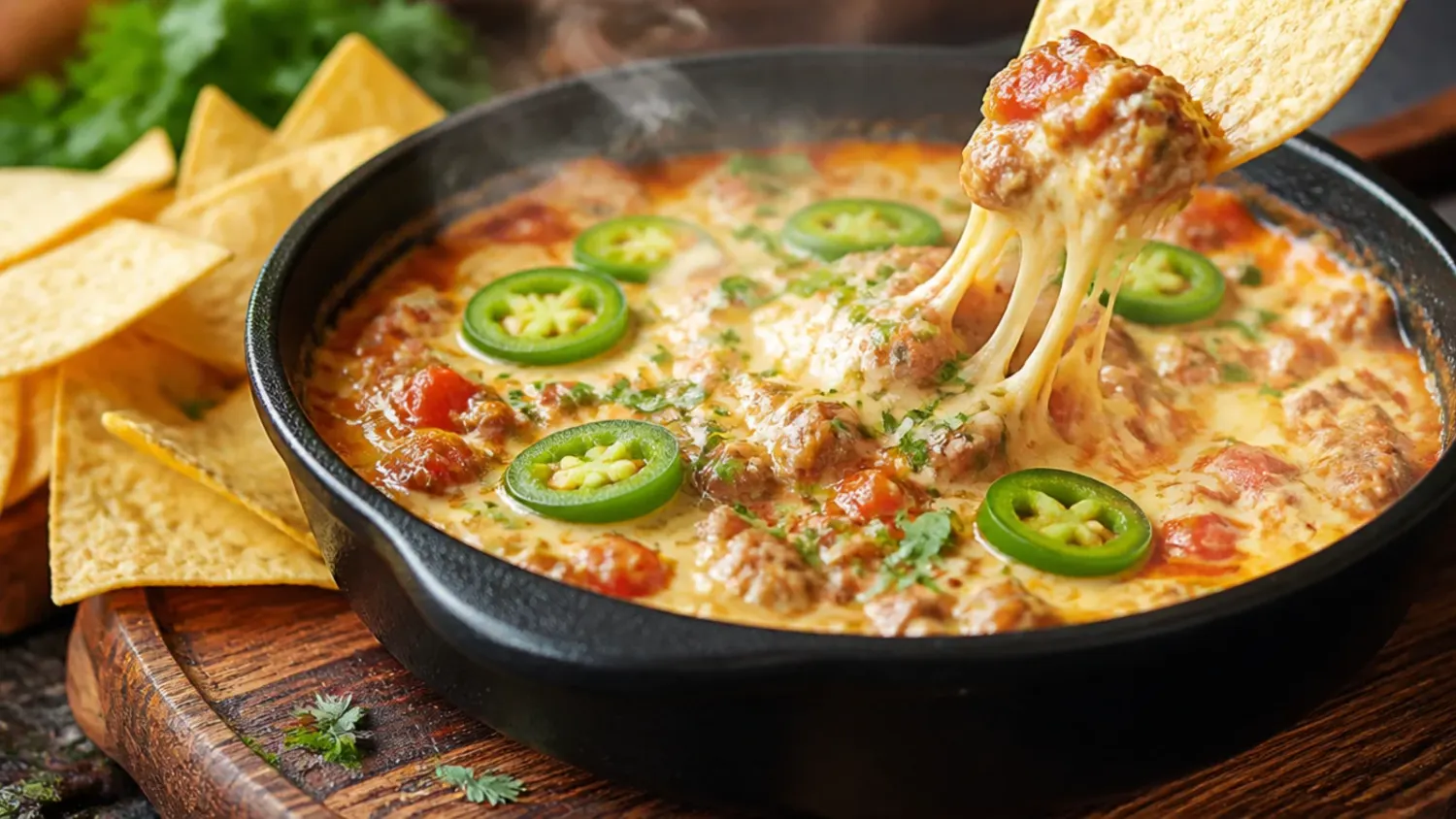 A cast iron skillet of creamy sausage rotel dip topped with melted cheddar and fresh coriander, served with tortilla chips for dipping