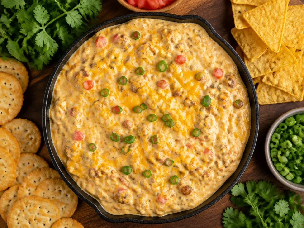 Classic sausage rotel dip with cream cheese being stirred smooth in a skillet