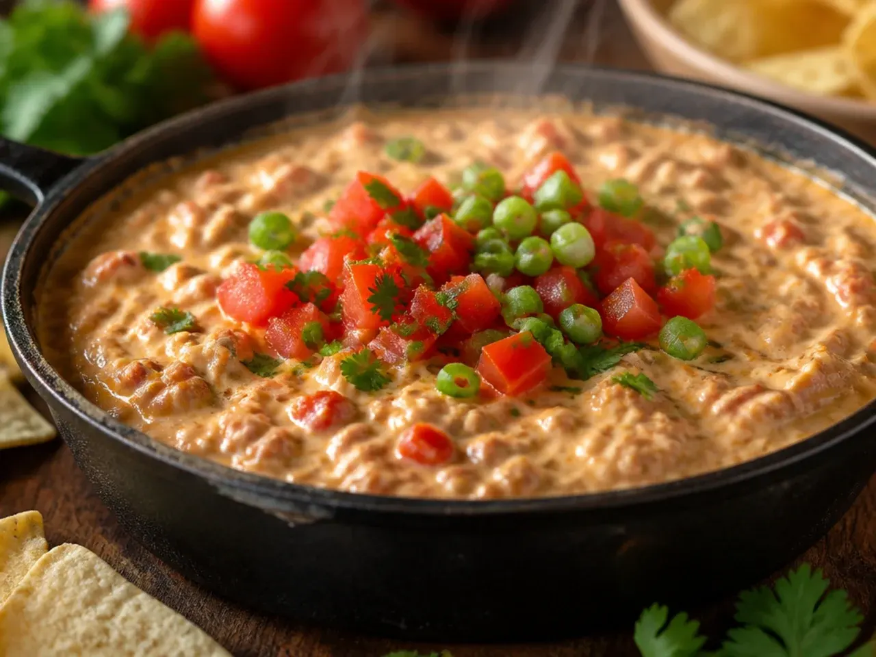 Slow cooker filled with warm cosy sausage rotel dip on a buffet table