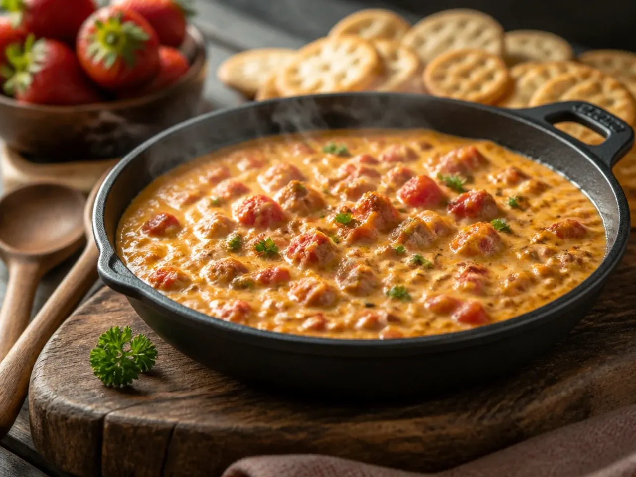 Simple four ingredient sausage rotel dip in a small serving bowl