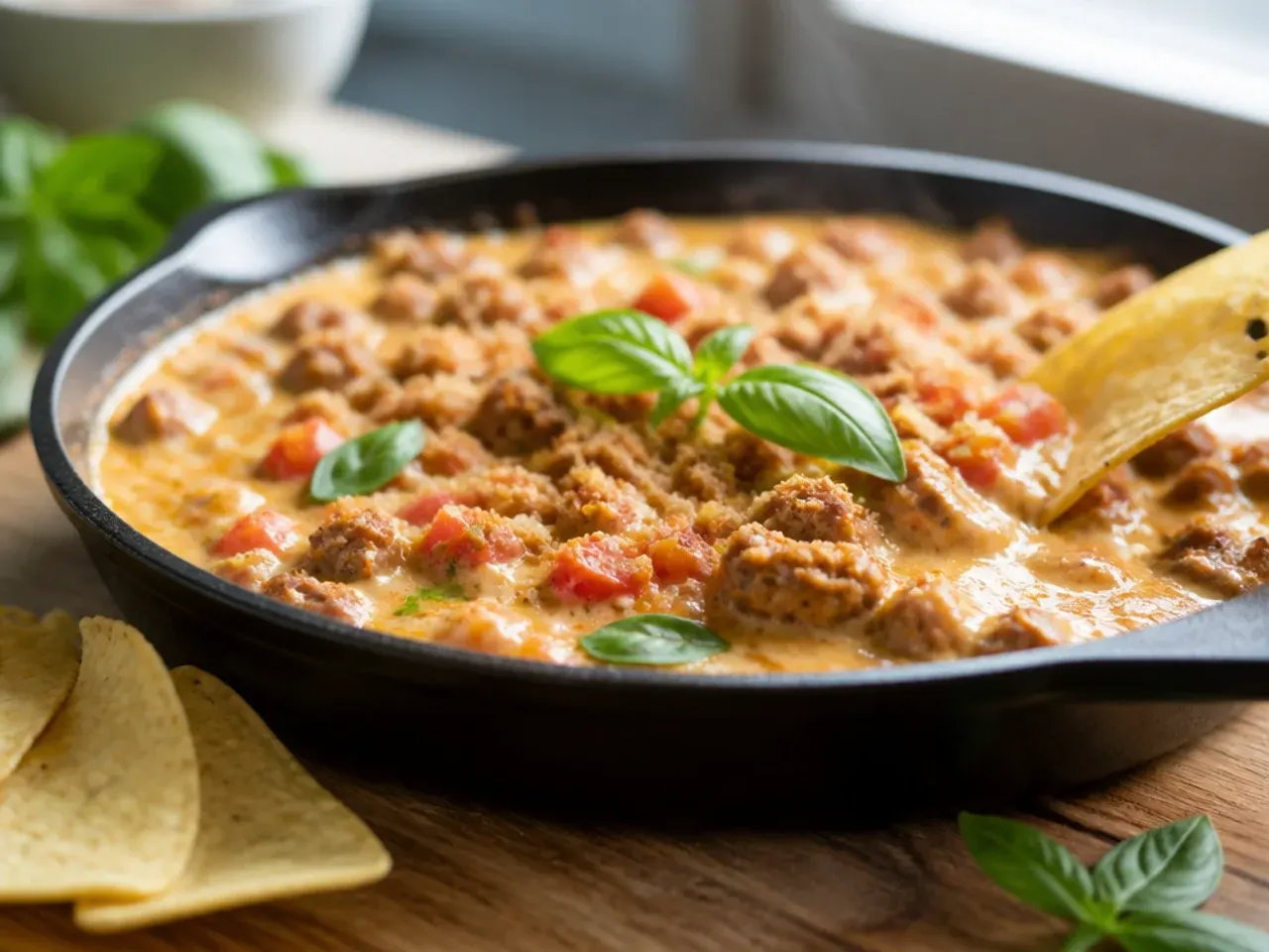 Extra creamy sausage rotel dip being drizzled with a spoon showing a silky texture