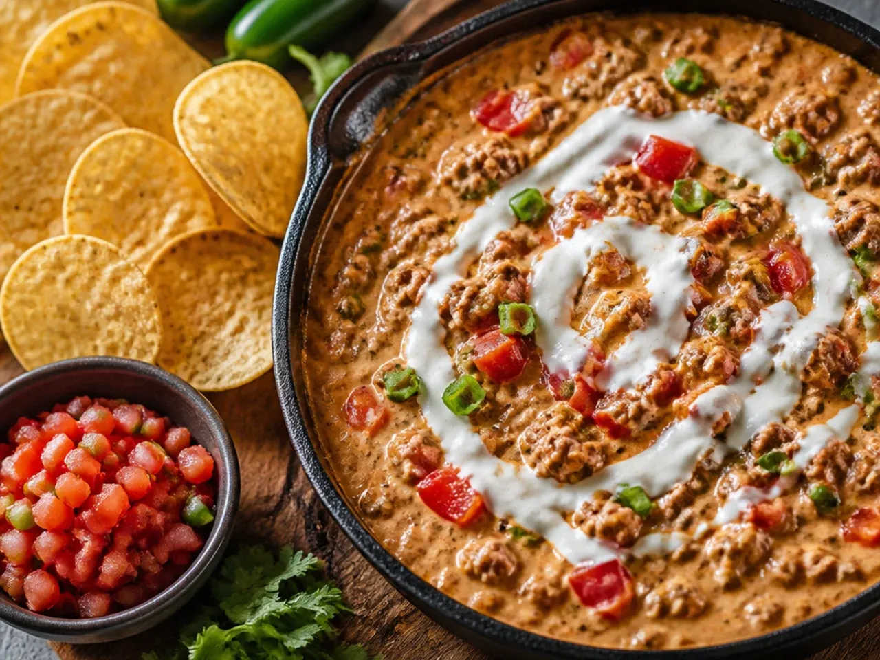 Loaded sausage rotel dip topped with black beans, sweetcorn and jalapeno slices