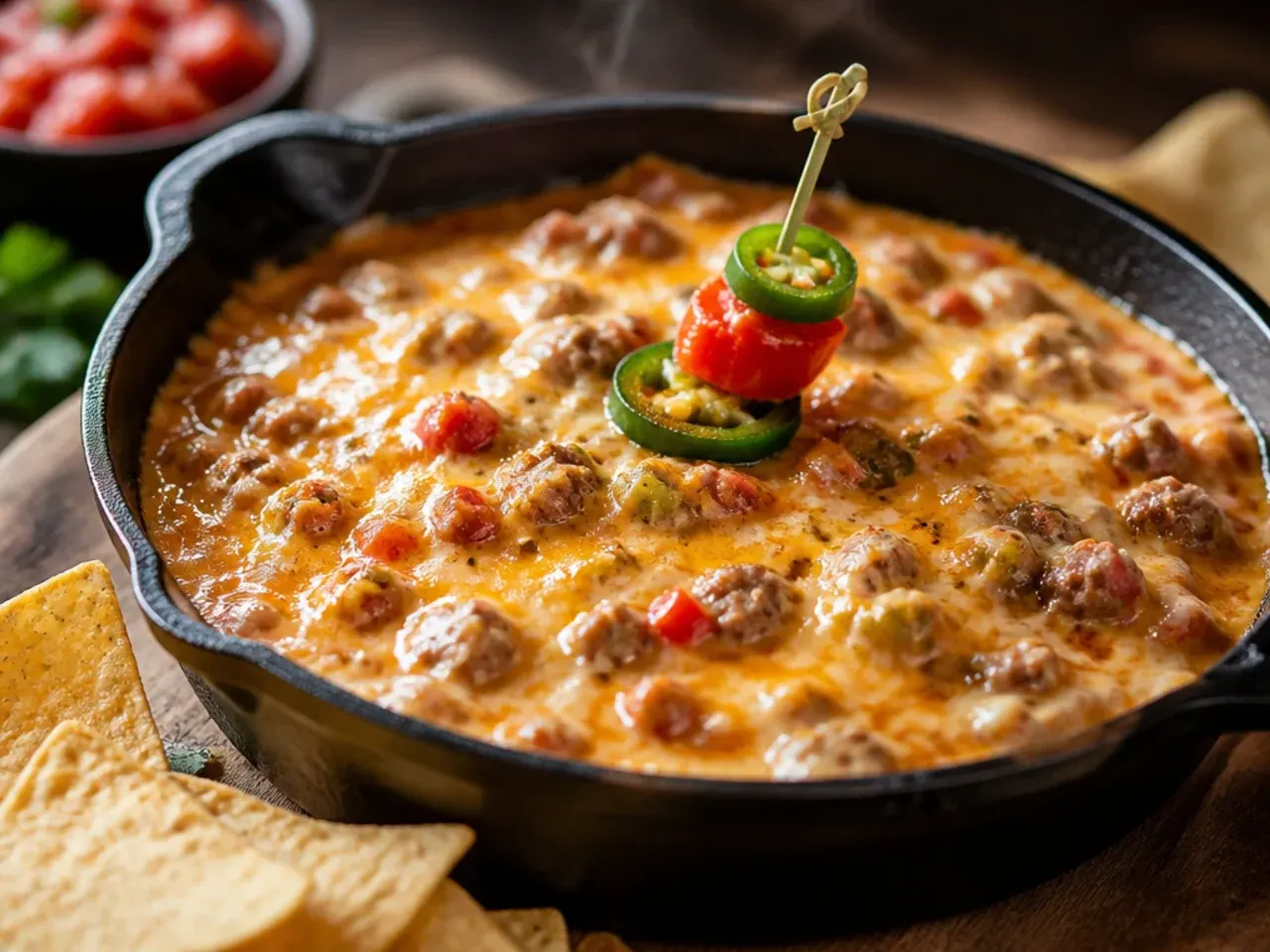 Best ever three cheese sausage rotel dip with cheddar and Monterey Jack melted through