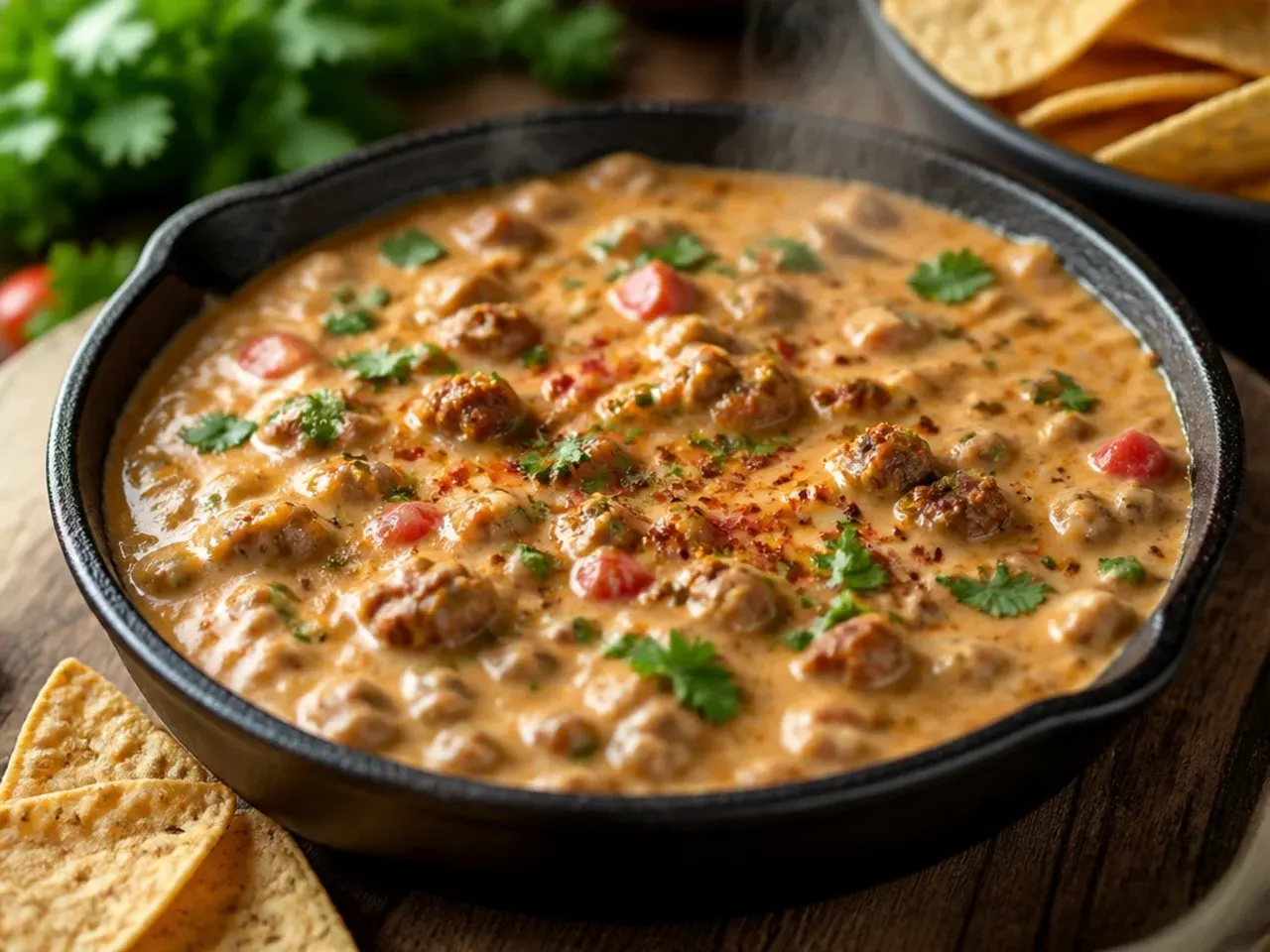 Cheesy cowboy queso style sausage rotel dip made with Velveeta melting cheese
