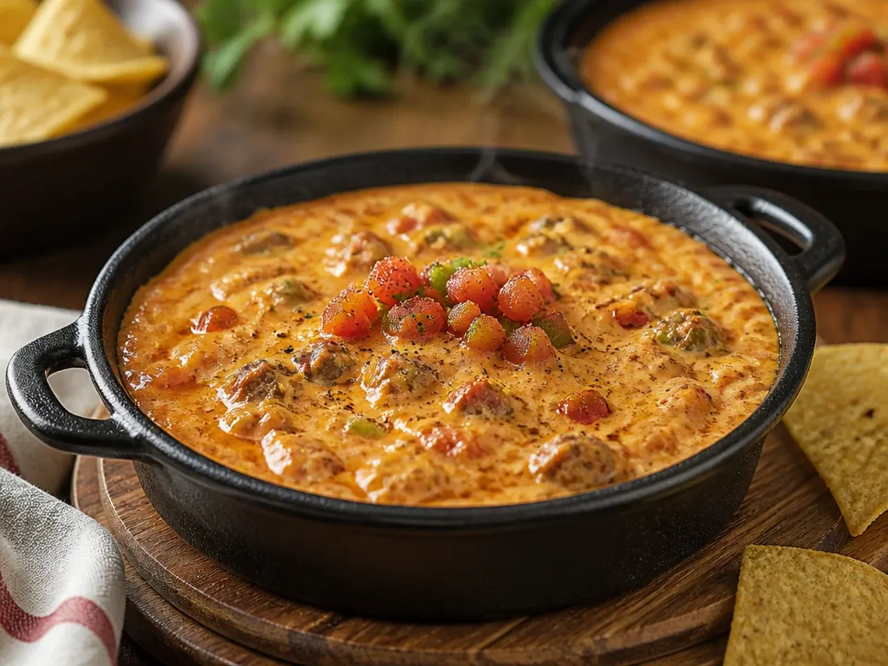 Large crowd pleasing batch of sausage rotel dip in a wide slow cooker
