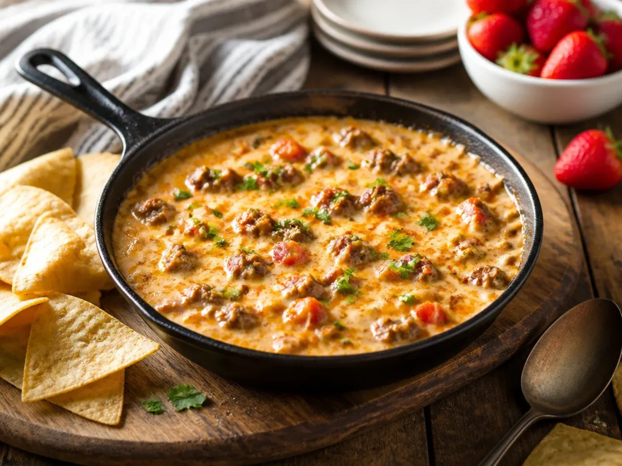 Family friendly mild sausage rotel dip served with plain tortilla chips for children