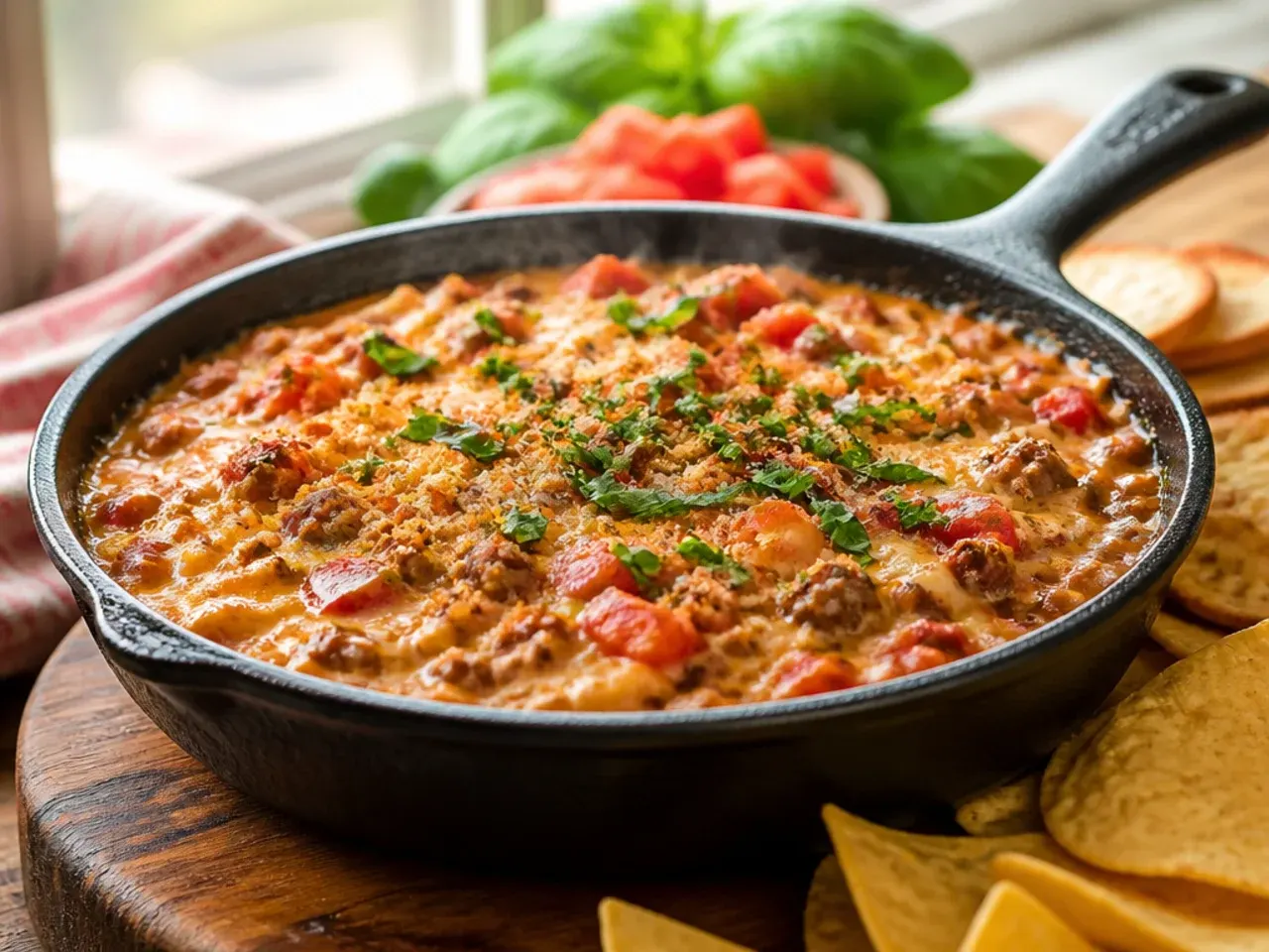 Festive sausage rotel dip garnished with red pepper and coriander for a holiday table