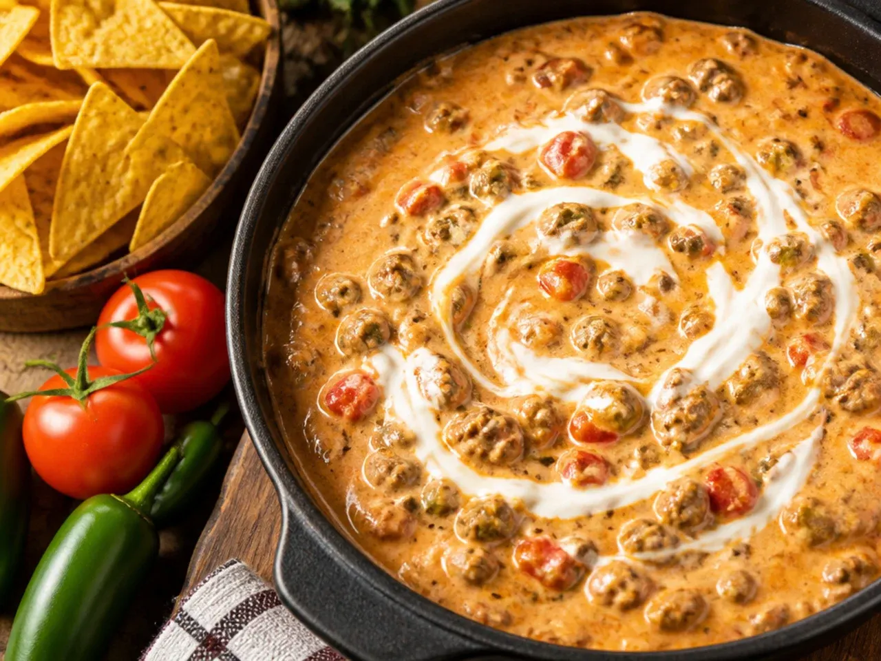 Quick microwave sausage rotel dip in a glass bowl ready to stir