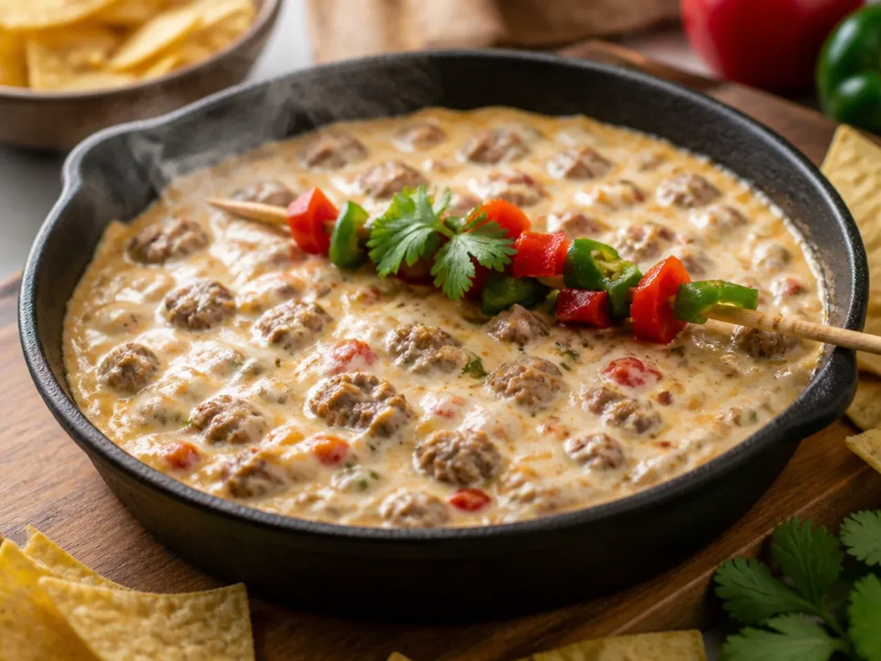Homemade sausage rotel dip made from scratch with fresh diced tomatoes and chillies