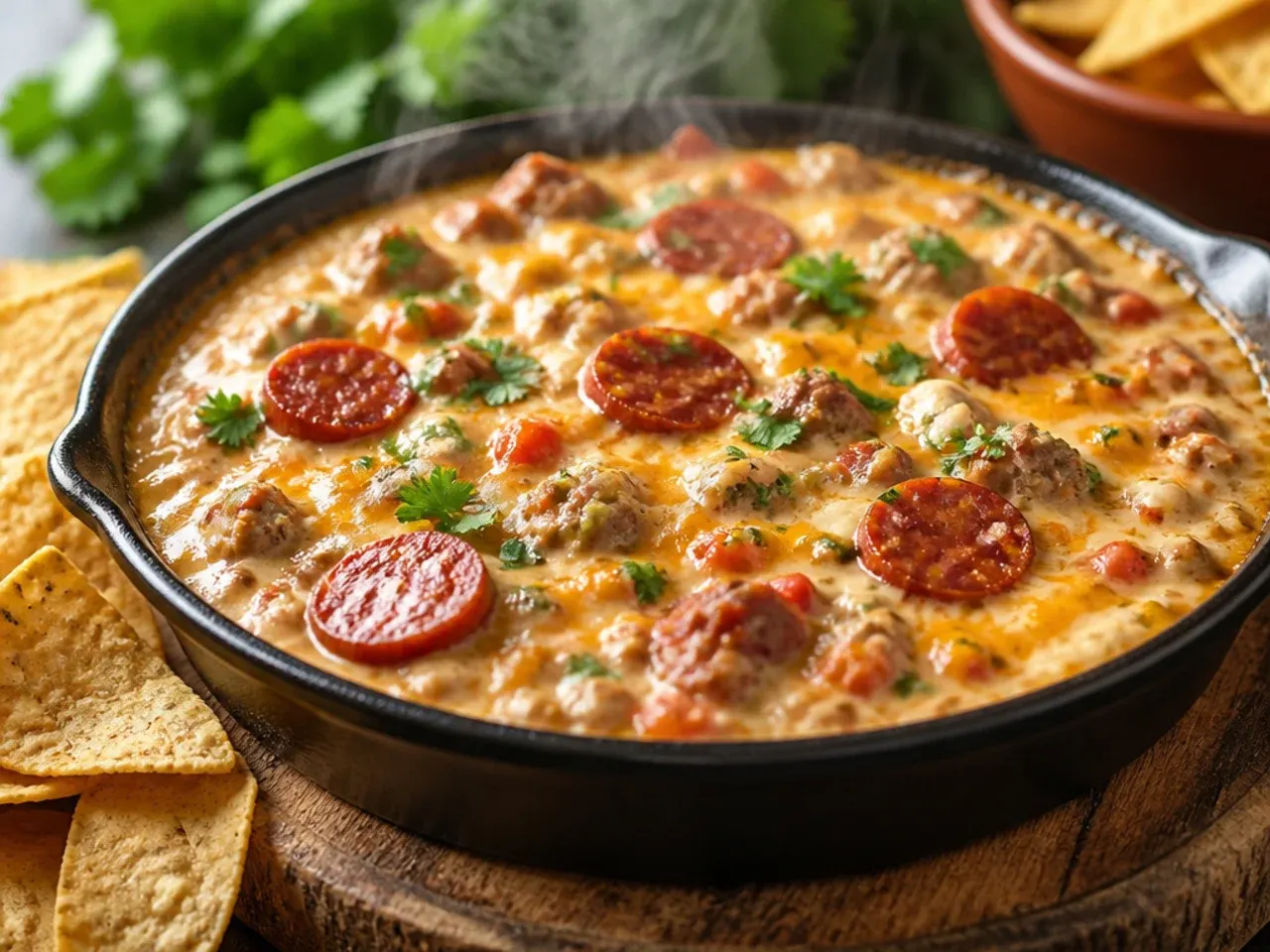Smoky chorizo sausage rotel dip with visible orange chorizo oil and melted cheese