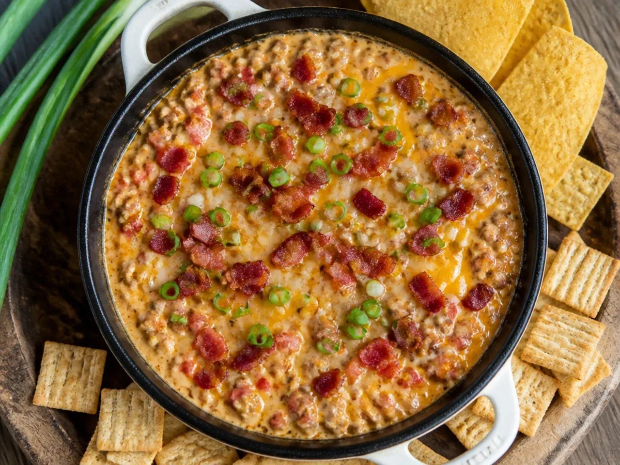 Bacon loaded sausage rotel dip topped with crispy bacon crumbs