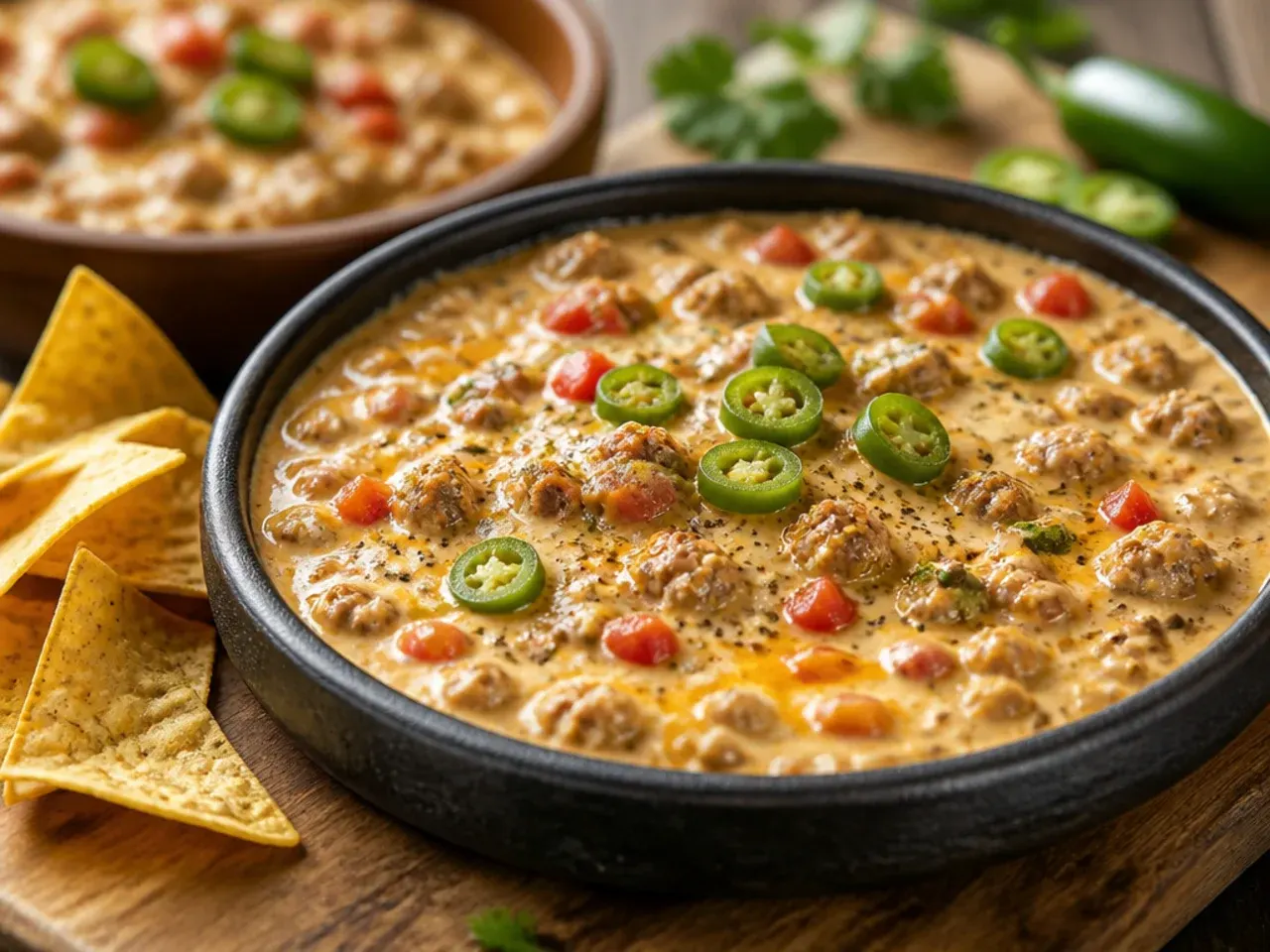 Jalapeno popper style sausage rotel dip topped with fresh jalapeno slices and bacon