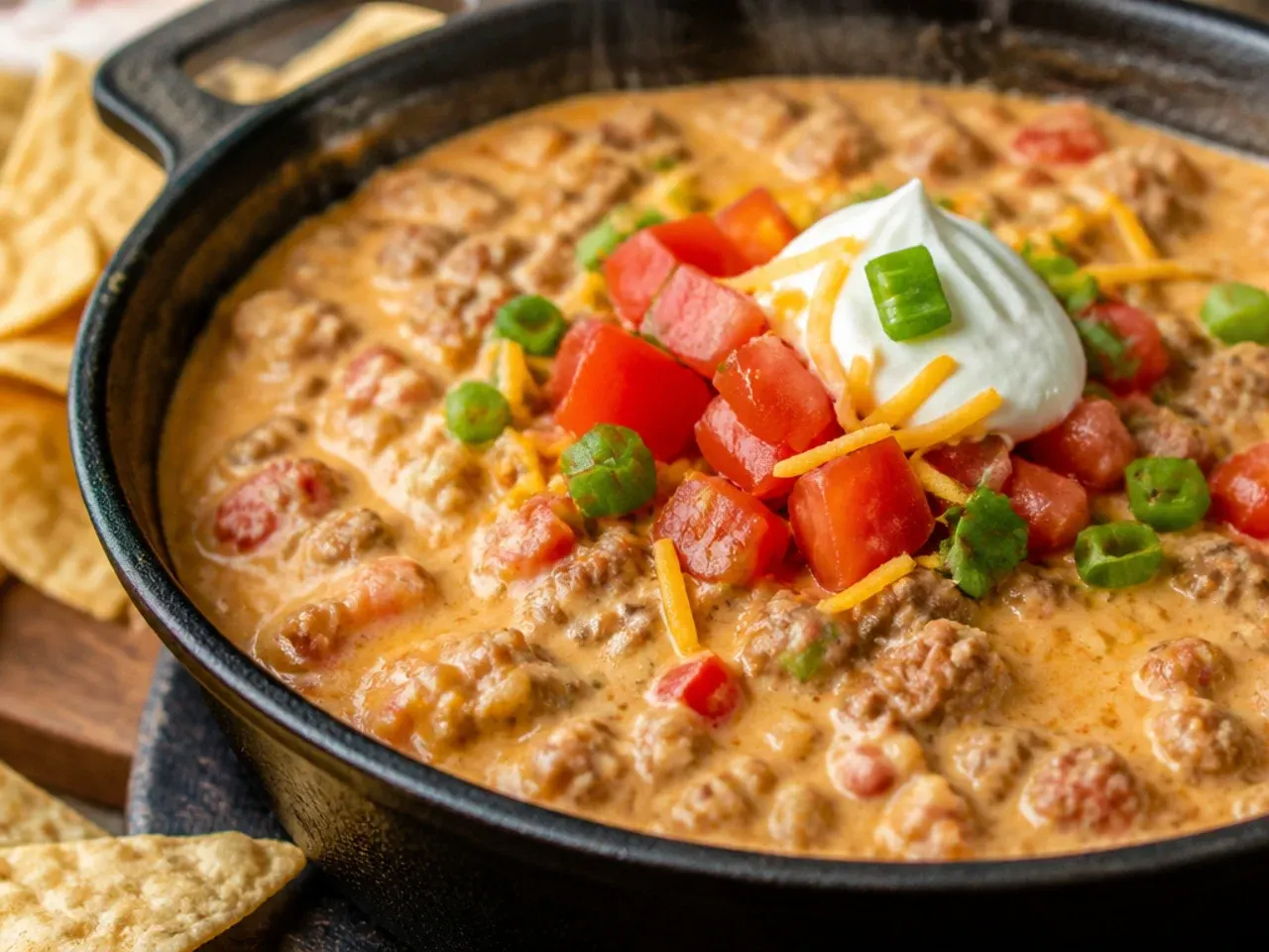 Lighter sausage rotel dip made with turkey sausage and reduced fat cream cheese