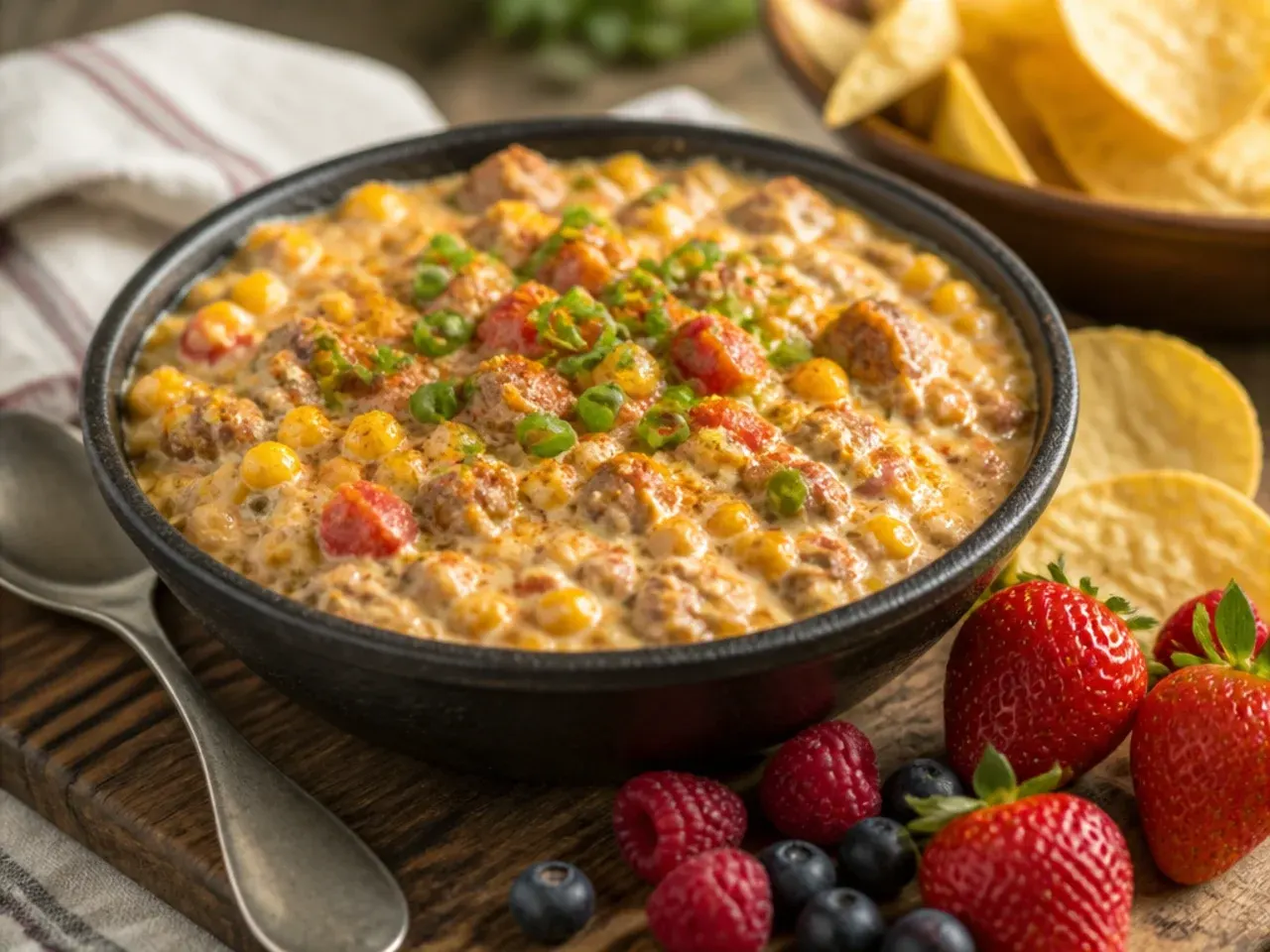 Corn and pepper jack sausage rotel dip with visible sweetcorn kernels