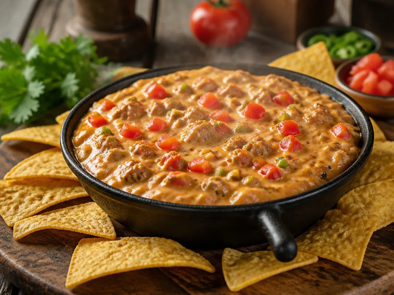 Sausage rotel dip served with tortilla chips, celery sticks and toasted baguette slices
