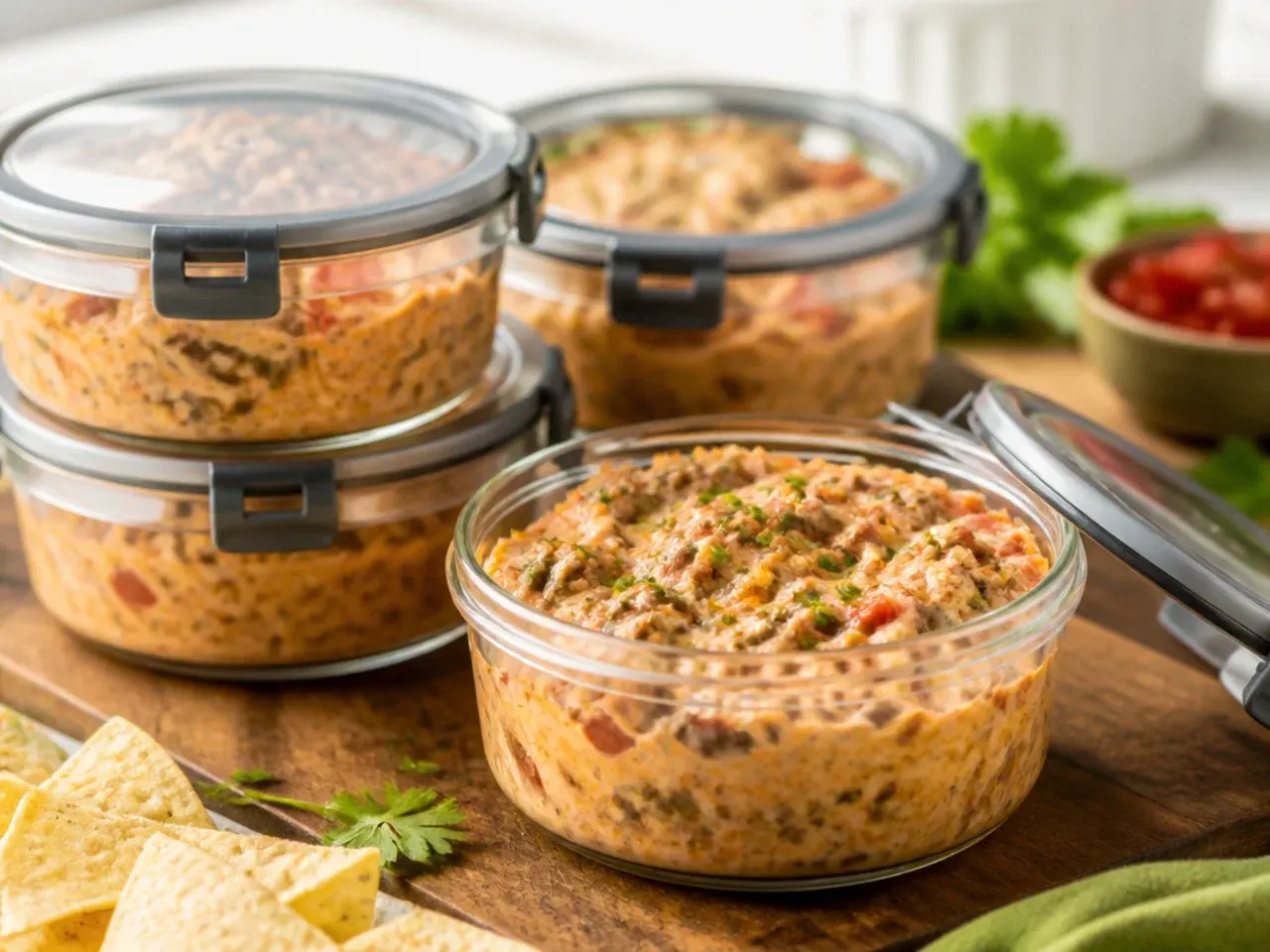 Leftover sausage rotel dip stored in an airtight container ready for the fridge