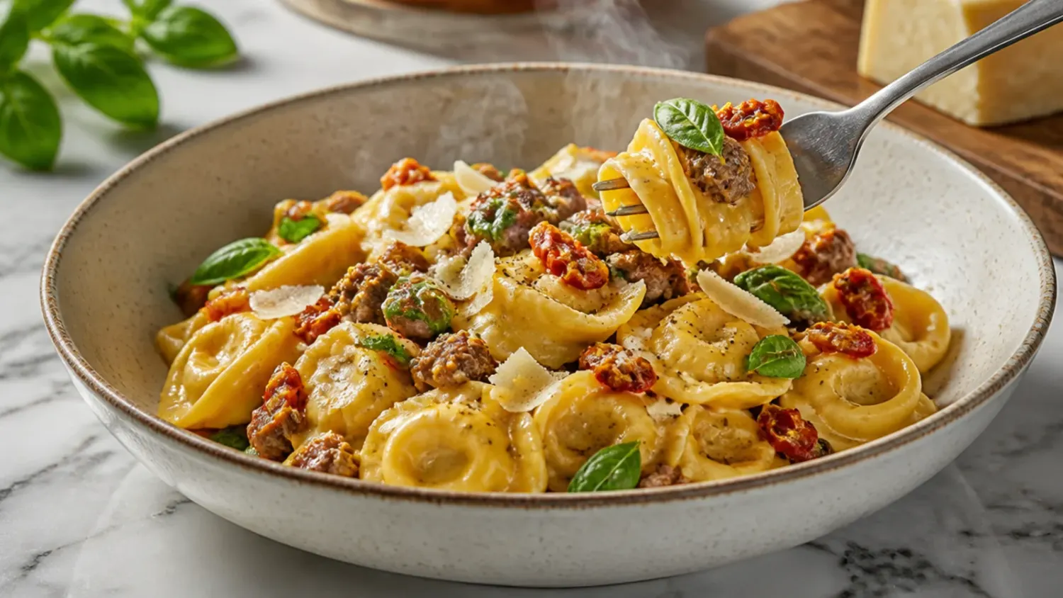 A skillet of creamy sausage tortellini with wilted spinach and grated Parmesan, steam rising, ready to serve.