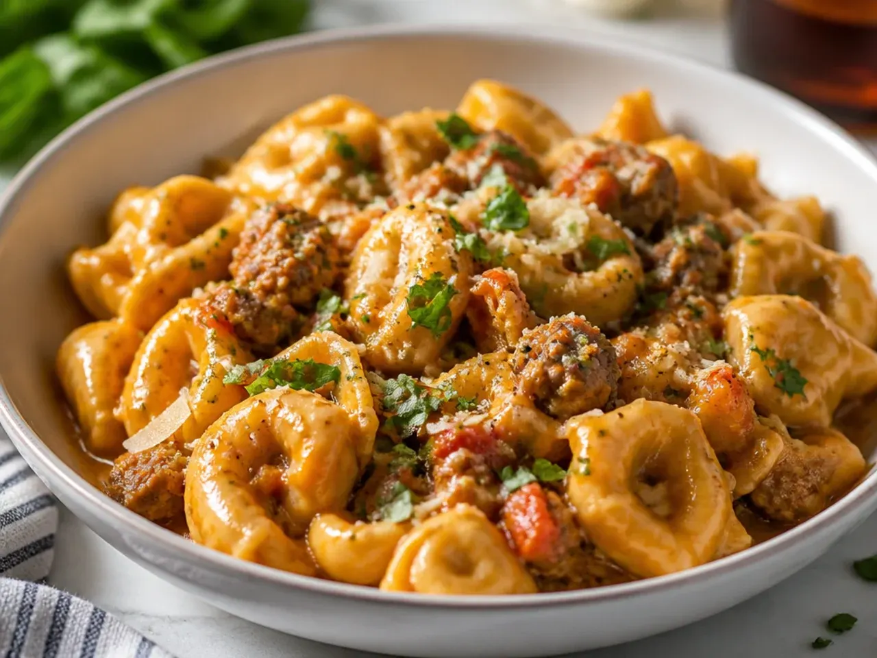 An overhead shot of several sausage tortellini dishes, including a creamy skillet, a bowl of soup, and a baked casserole, arranged on a wooden table.