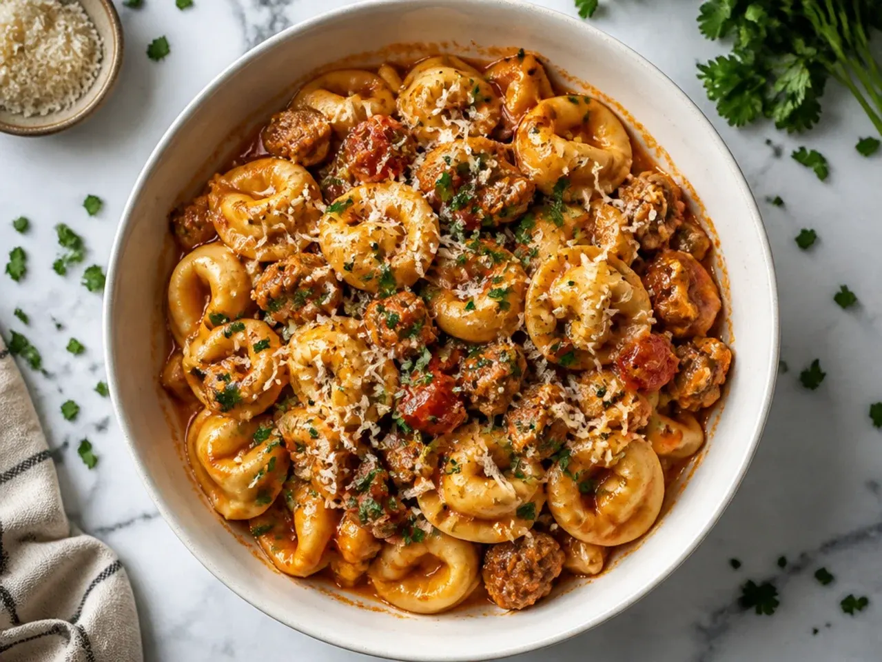 A wide skillet of classic creamy sausage tortellini with browned sausage crumbles throughout.