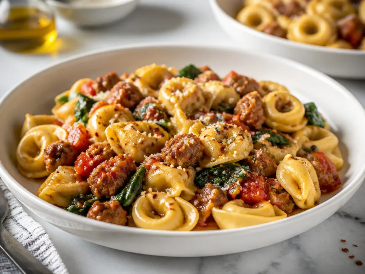 A quick weeknight sausage tortellini skillet dinner served in a shallow bowl.