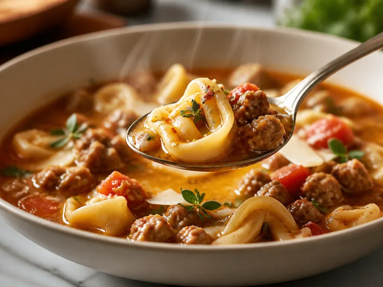A bowl of hearty sausage tortellini soup with visible carrots, tomatoes and spinach in a rich broth.