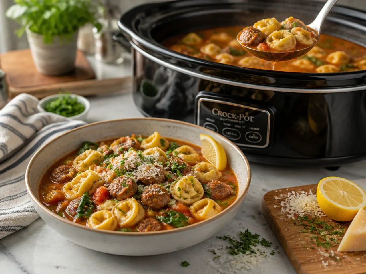 A slow cooker filled with sausage tortellini stew, with a ladle resting against the side.