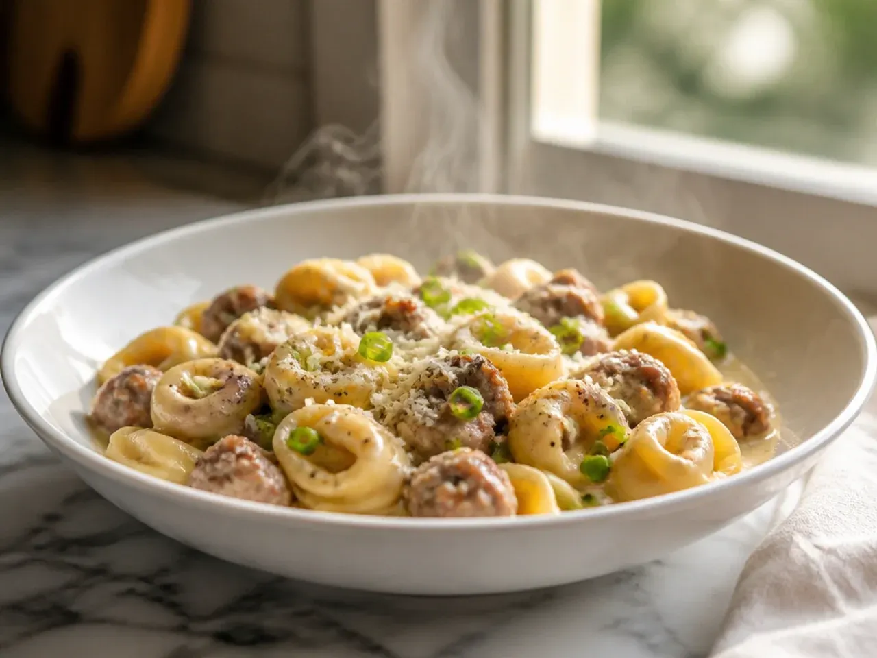Close-up of tortellini and sausage coated in a glossy garlic Parmesan cream sauce.