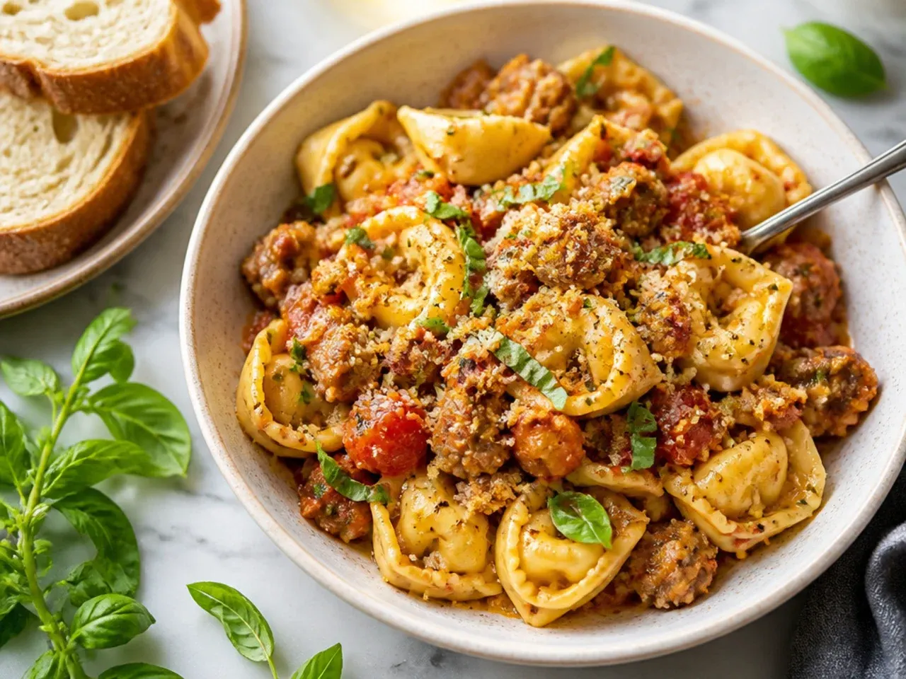 A sheet pan of roasted sausage tortellini with cherry tomatoes fresh from the oven.