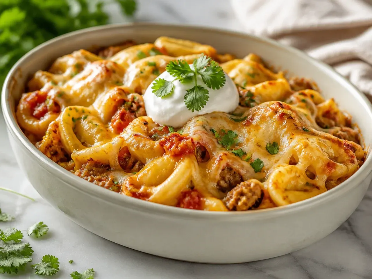 A baking dish of cheesy sausage tortellini casserole with bubbling golden mozzarella on top.