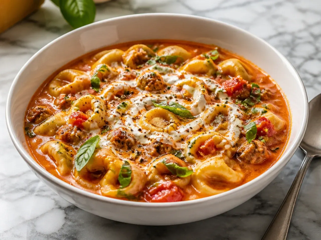 A pan of sausage tortellini in a rosy tomato basil sauce, garnished with fresh basil leaves.