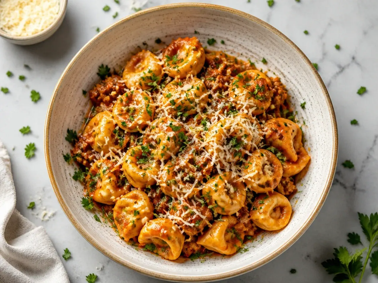 A budget-friendly skillet of ground sausage tortellini made with simple pantry ingredients.