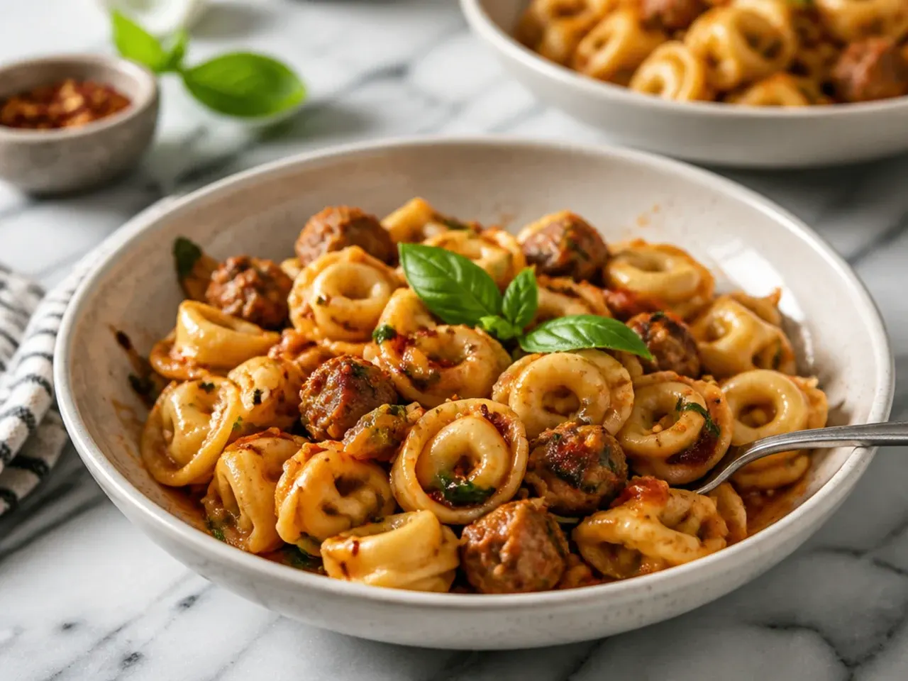 An electric pressure cooker open to reveal sausage tortellini in a creamy tomato sauce.