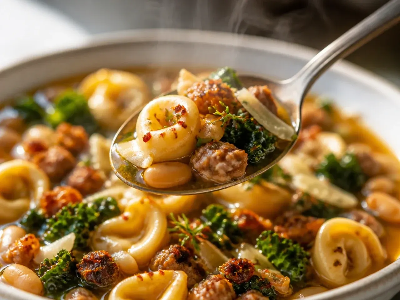 A rustic pot of sausage tortellini with kale and white beans in a thick, stew-like sauce.