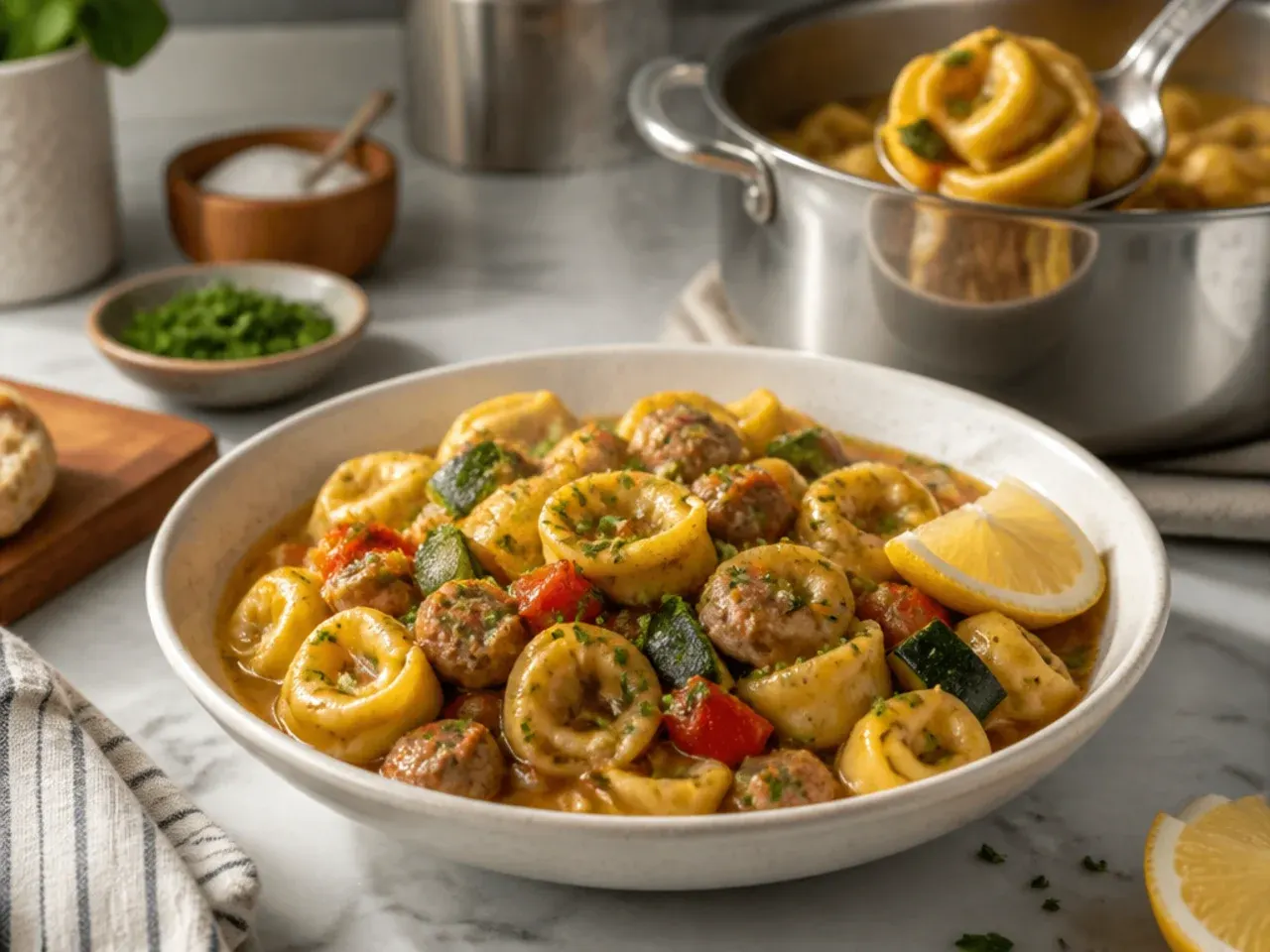 A loaded skillet of sausage tortellini with courgette, mushrooms and bell peppers mixed through.