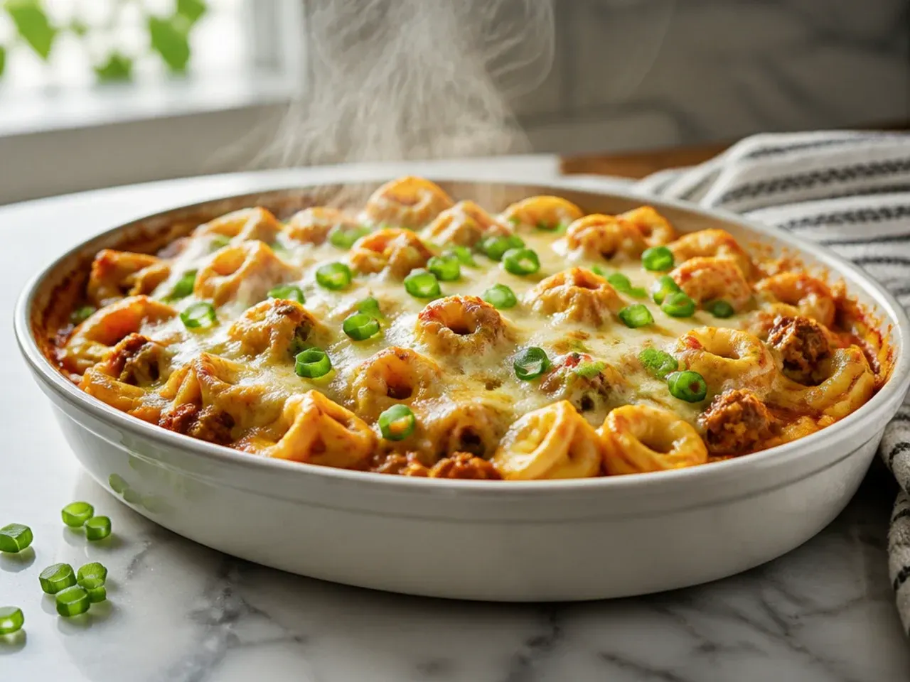 A large family-size baking dish of sausage tortellini bake, cut into generous portions.