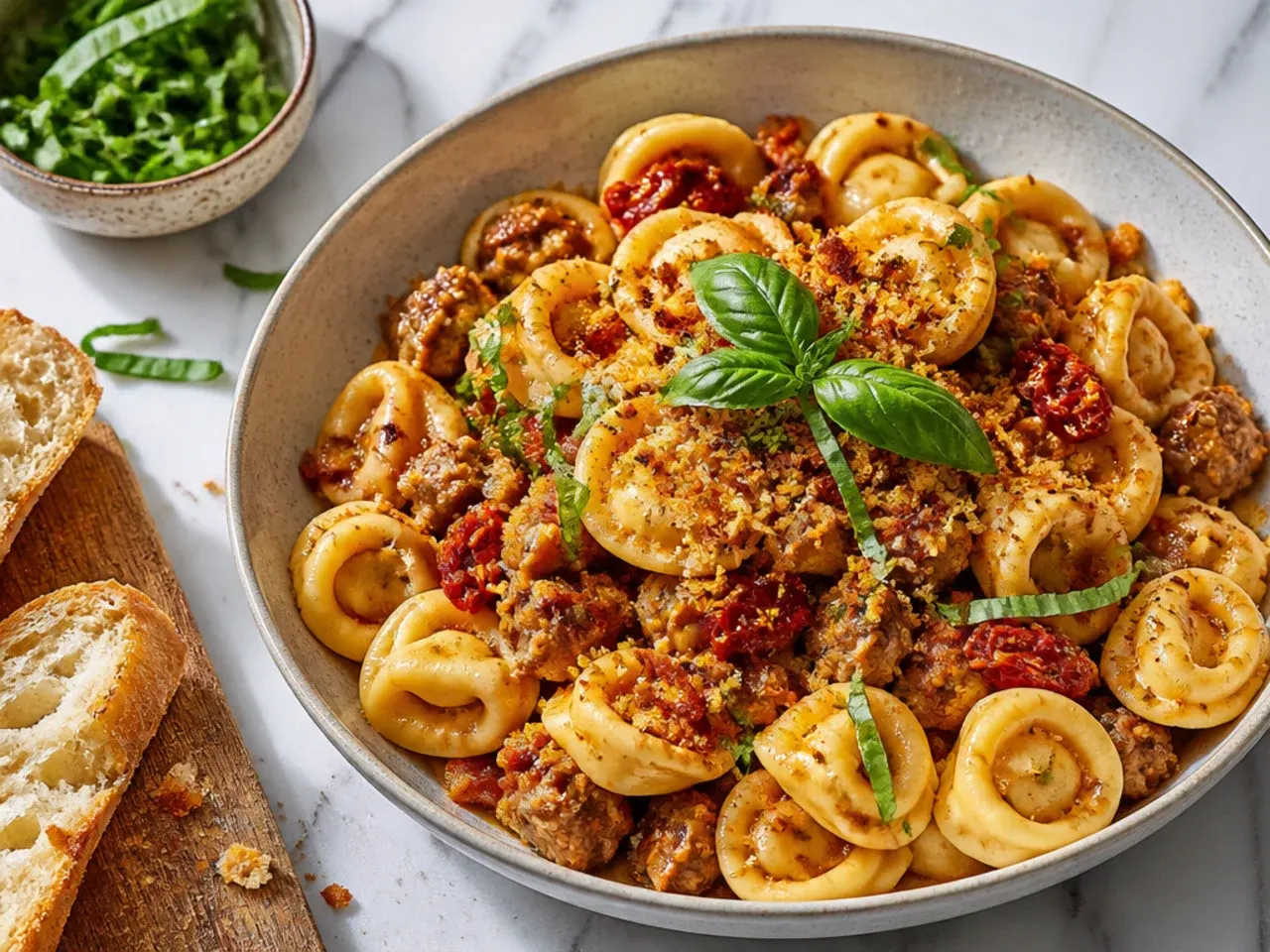 A creamy sausage tortellini dish studded with sun-dried tomatoes and toasted pine nuts.