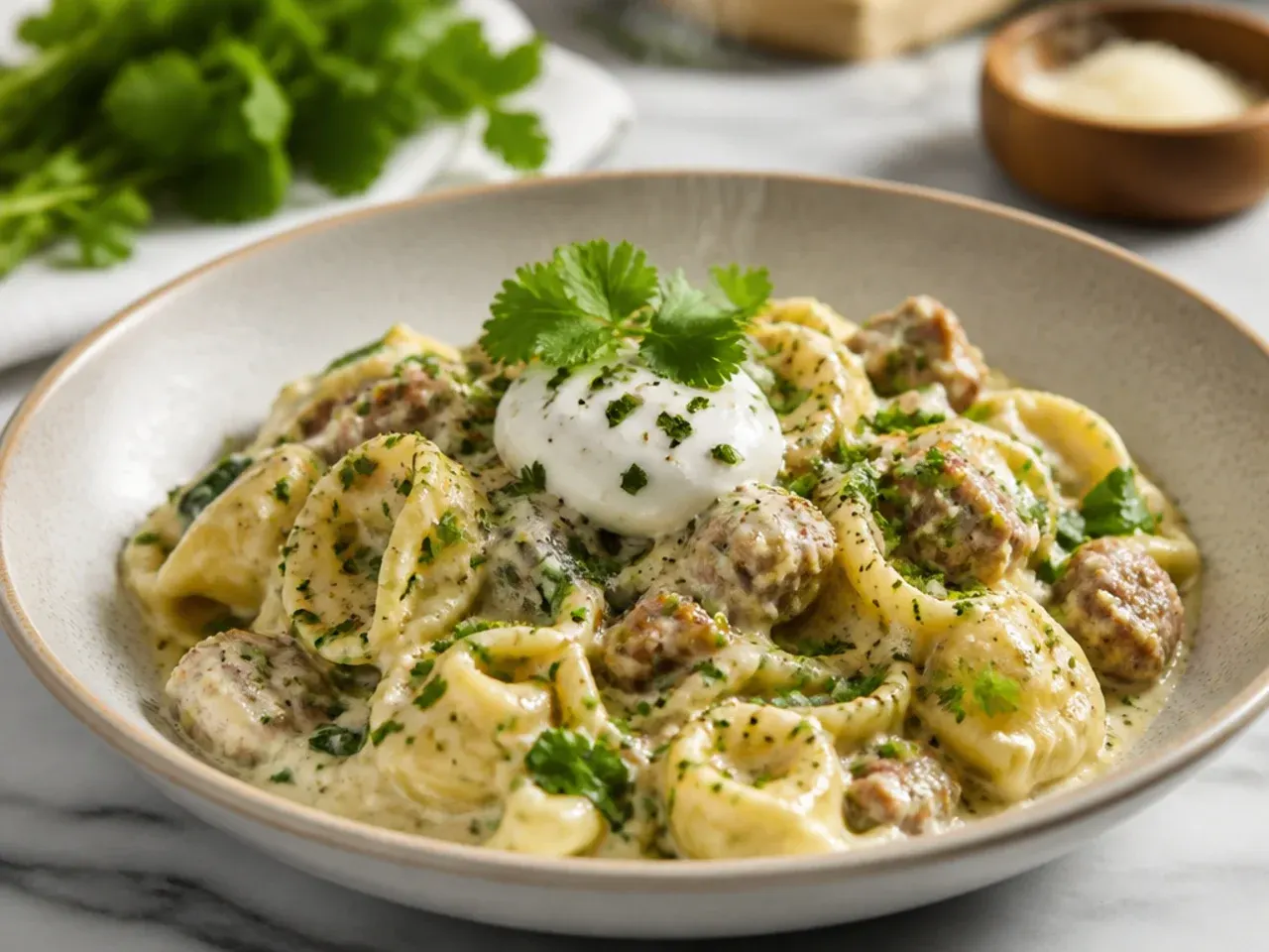 A pot of sausage tortellini in a thick, glossy Alfredo sauce, ready to be ladled out.