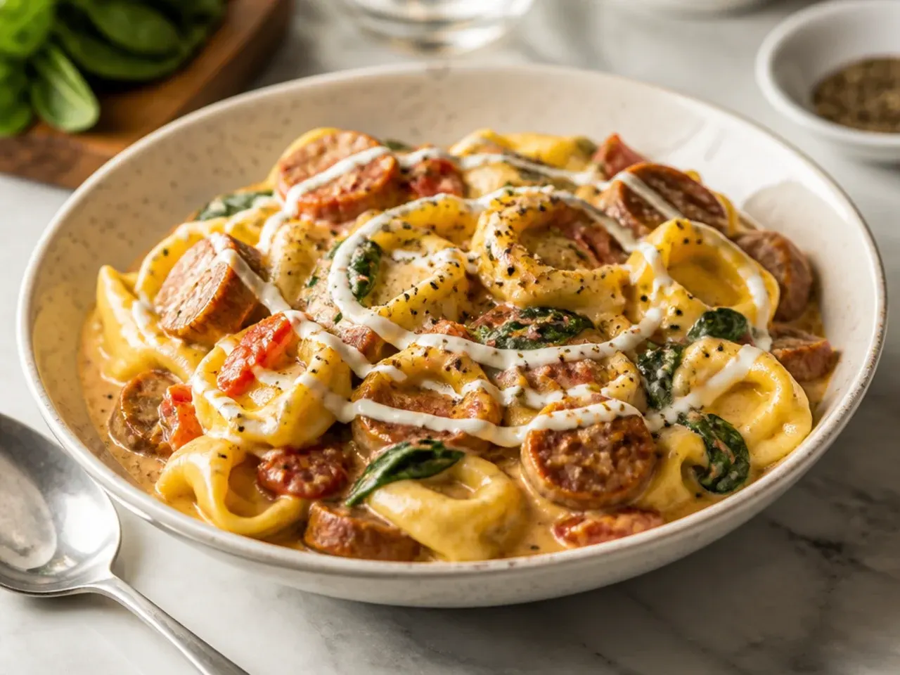 A spicy skillet of andouille sausage tortellini with flecks of red pepper in a creamy sauce.