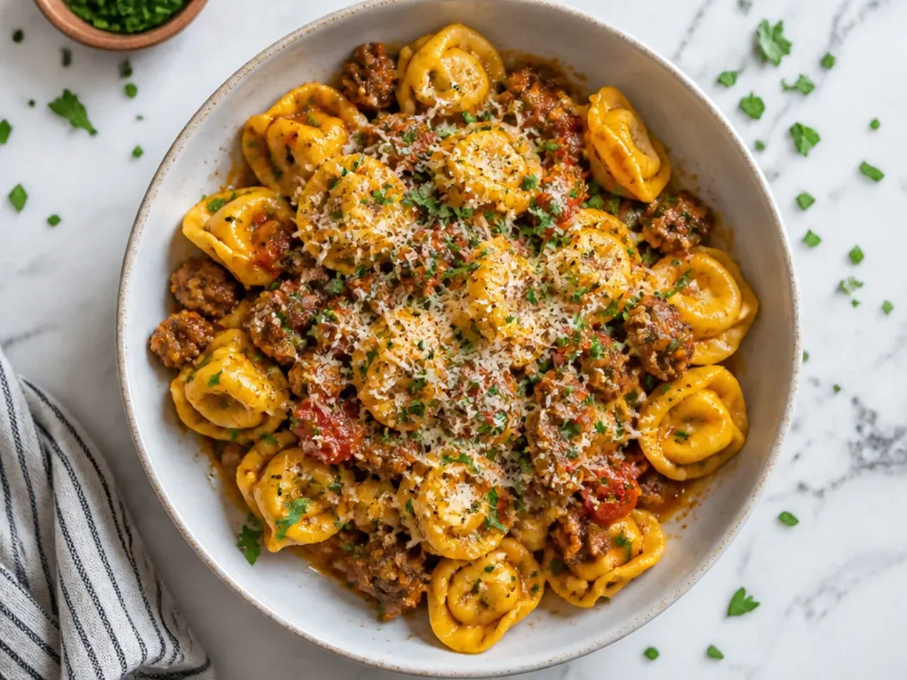 Crispy air-fried sausage slices tossed with cooked tortellini in a shallow dish.