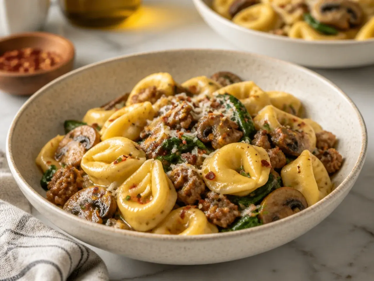 A hearty skillet of sausage tortellini with golden sautéed mushrooms mixed through the sauce.