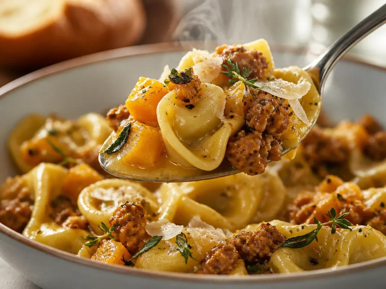 A cozy autumn-inspired sausage tortellini dish with roasted butternut squash and crispy sage.