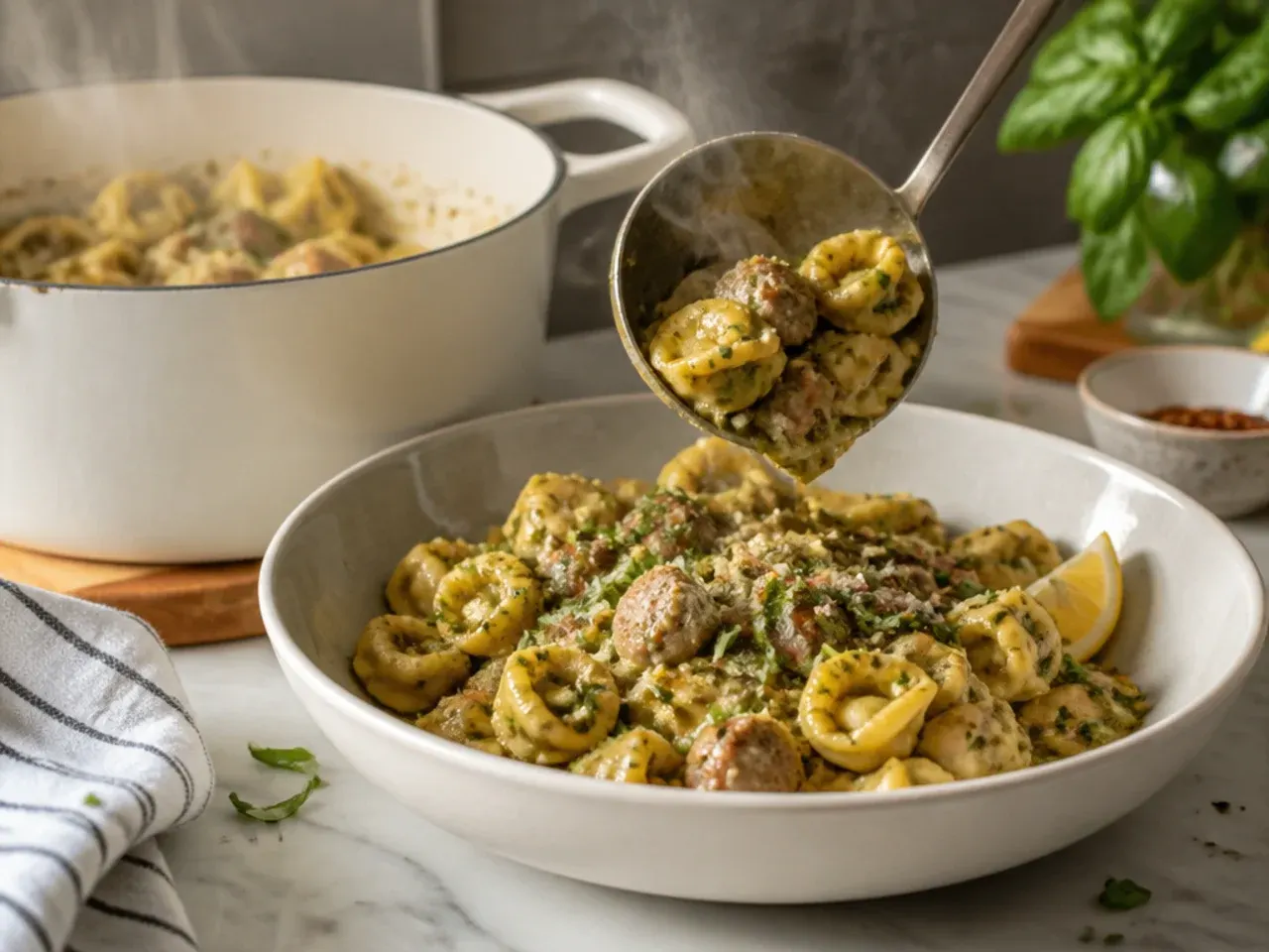 A vibrant green pesto cream sauce coating sausage tortellini in a white serving bowl.